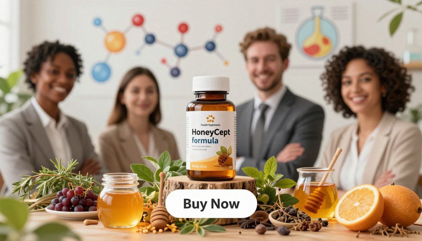 A dynamic and detailed image illustrating the multifaceted science behind the HoneyCept formula. In the foreground, depict a diverse man and woman, dressed in professional attire, confidently holding the HoneyCept supplement bottle, emphasizing teamwork and expertise. In the middle ground, display an array of vibrant natural ingredients like honey, herbs, and botanical extracts artfully arranged, symbolizing the blend of nature and science. In the background, add abstract representations of molecular structures and scientific diagrams, softly illuminated with warm, natural light to create an inviting atmosphere. The lens should have a slight depth of field for focus, ensuring the characters and the product stand out prominently. Overall, the mood should convey health, vitality, and innovation, with a subtle "Buy Now" button elegantly placed below the product. Brand name "Health Supplements" should be incorporated into the design seamlessly. A dynamic and detailed image illustrating the multifaceted science behind the HoneyCept formula. In the foreground, depict a diverse man and woman, dressed in professional attire, confidently holding the HoneyCept supplement bottle, emphasizing teamwork and expertise. In the middle ground, display an array of vibrant natural ingredients like honey, herbs, and botanical extracts artfully arranged, symbolizing the blend of nature and science. In the background, add abstract representations of molecular structures and scientific diagrams, softly illuminated with warm, natural light to create an inviting atmosphere. The lens should have a slight depth of field for focus, ensuring the characters and the product stand out prominently. Overall, the mood should convey health, vitality, and innovation, with a subtle "Buy Now" button elegantly placed below the product. Brand name "Health Supplements" should be incorporated into the design seamlessly.