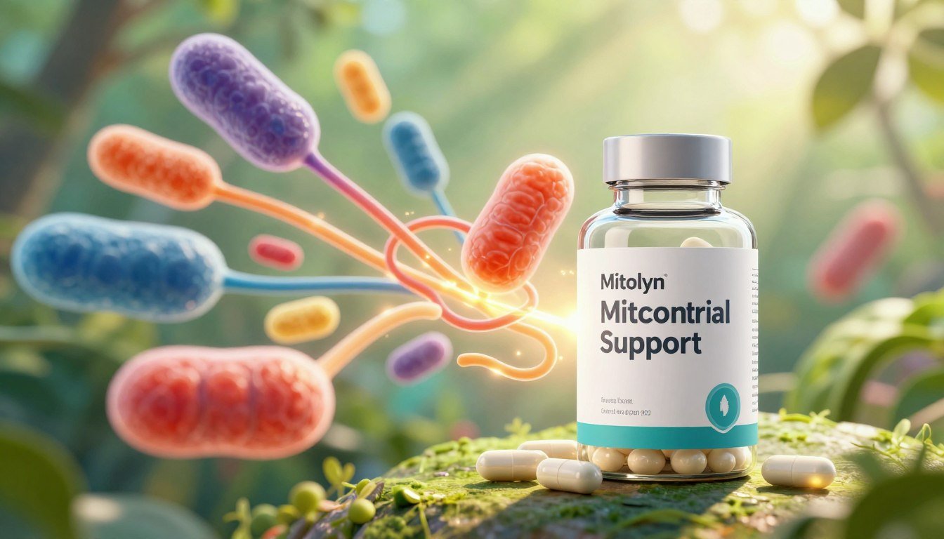 A dynamic and vibrant illustration depicting "Mitolyn Mitochondrial Support" as a scientific concept focused on metabolic health. In the foreground, a sleek, transparent bottle of Mitolyn capsules, with a few capsules scattered around it, gleaming under soft, diffused lighting. In the middle ground, an abstract representation of mitochondria with vivid colors, symbolizing energy production and fat burning, intertwined with glowing pathways that suggest metabolic processes. The background features a serene, blurred nature scene with lush greenery and hints of radiant sunlight filtering through leaves, evoking a sense of vitality and wellness. The overall mood is energetic and uplifting, conveying a sense of health and rejuvenation with a clear focus on the product and its benefits. A dynamic and vibrant illustration depicting "Mitolyn Mitochondrial Support" as a scientific concept focused on metabolic health. In the foreground, a sleek, transparent bottle of Mitolyn capsules, with a few capsules scattered around it, gleaming under soft, diffused lighting. In the middle ground, an abstract representation of mitochondria with vivid colors, symbolizing energy production and fat burning, intertwined with glowing pathways that suggest metabolic processes. The background features a serene, blurred nature scene with lush greenery and hints of radiant sunlight filtering through leaves, evoking a sense of vitality and wellness. The overall mood is energetic and uplifting, conveying a sense of health and rejuvenation with a clear focus on the product and its benefits.