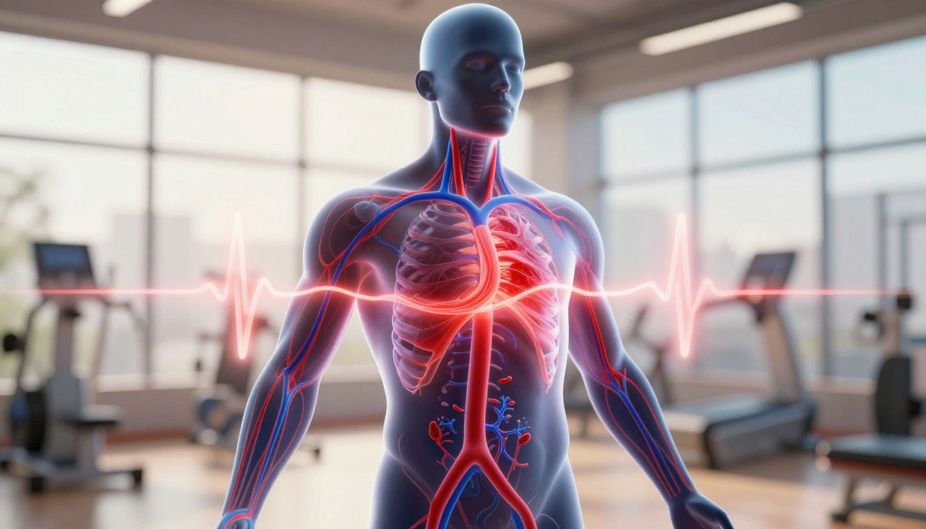 A dynamic composition illustrating blood flow enhancement in the human body. Foreground features a semi-transparent human silhouette, showcasing a detailed view of arteries and veins illuminated in vibrant red and blue hues to signify enhanced circulation. In the middle, subtle light interacts with flowing blood, emphasizing movement and vitality, while a faint pulse effect radiates outward. The background portrays a soft-focus gym environment, with light filtering through large windows, creating an energetic and motivational atmosphere. The lighting is bright yet warm, giving a sense of positivity and health. Capture this scene from a low angle perspective, creating a sense of empowerment and promoting an active lifestyle. No text or watermarks should be present.