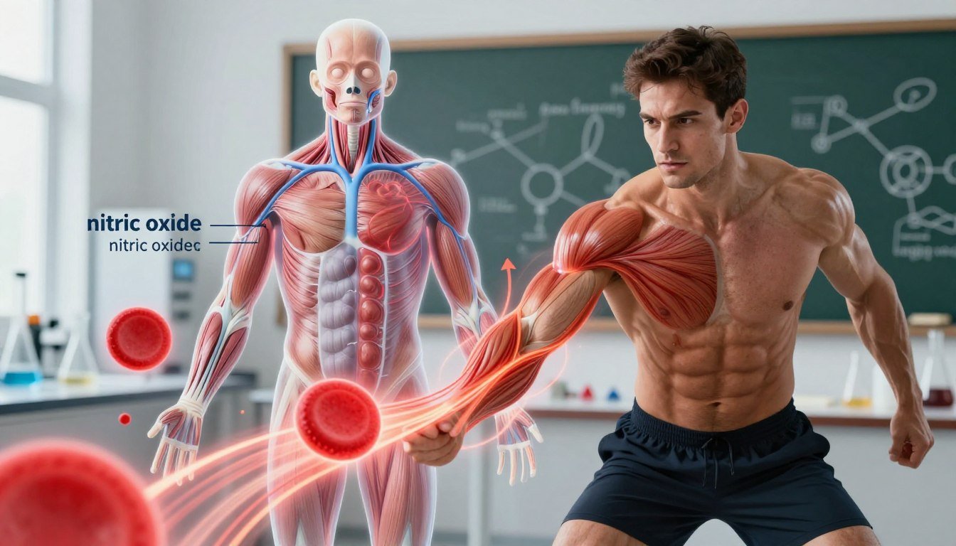 A dynamic illustration depicting the mechanism of "Nitric Boost Ultra" in enhancing nitric oxide production. In the foreground, feature a muscular, athletic man in professional activewear, displaying efficient blood flow through his muscles, energized and filled with vitality. In the middle, a semi-transparent anatomical diagram showcasing blood vessels and muscle fibers, highlighting the role of nitric oxide. Include visual elements representing enhanced oxygen delivery, like glowing red blood cells and arrows indicating flow direction. The background should be a soft-focus laboratory setting, with scientific instruments and formulas on a chalkboard, emphasizing a research environment. The lighting should be bright and focused around the foreground, creating a vivid, inspiring atmosphere that conveys energy and health. A dynamic illustration depicting the mechanism of "Nitric Boost Ultra" in enhancing nitric oxide production. In the foreground, feature a muscular, athletic man in professional activewear, displaying efficient blood flow through his muscles, energized and filled with vitality. In the middle, a semi-transparent anatomical diagram showcasing blood vessels and muscle fibers, highlighting the role of nitric oxide. Include visual elements representing enhanced oxygen delivery, like glowing red blood cells and arrows indicating flow direction. The background should be a soft-focus laboratory setting, with scientific instruments and formulas on a chalkboard, emphasizing a research environment. The lighting should be bright and focused around the foreground, creating a vivid, inspiring atmosphere that conveys energy and health.