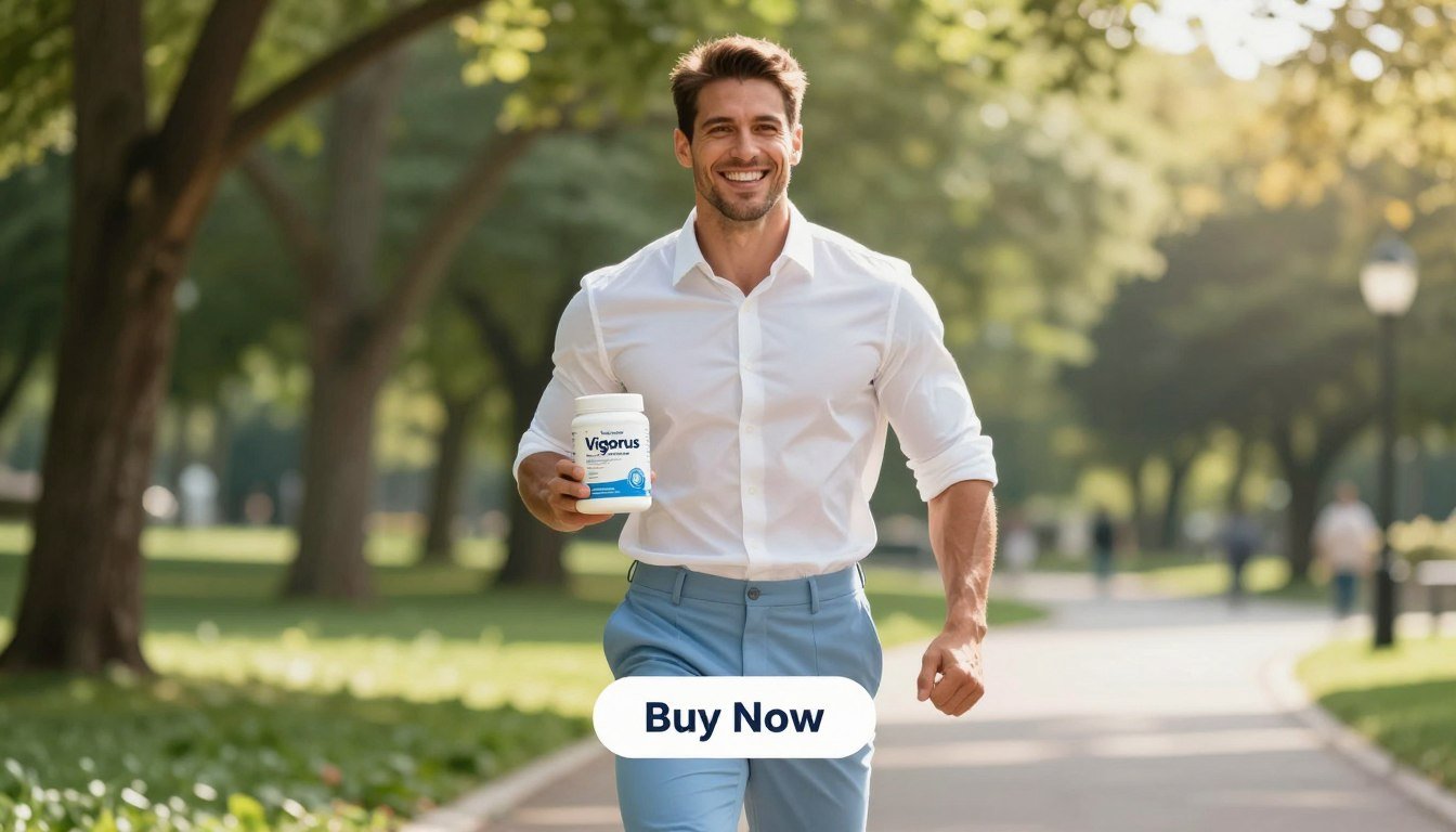 A dynamic scene featuring a fit man in his 30s, exuding vitality, standing confidently outdoors in a sunlit park. He is wearing professional casual attire: a crisp white shirt and tailored light blue trousers. The foreground emphasizes the man's strong posture and vibrant energy, accentuated by his broad smile. In his right hand, he holds a sleek, modern container of "Vigorus" health supplement, prominently visible. The middle ground showcases lush greenery and a gentle breeze, enhancing the atmosphere of health and vitality. Soft sunlight filters through the trees, casting a warm glow. In the background, an inviting pathway suggests movement and active living. A “Buy Now” button appears below the product with the brand name "Health & Wellness" clearly visible, creating a seamless transition for potential customers captivated by the image. A dynamic scene featuring a fit man in his 30s, exuding vitality, standing confidently outdoors in a sunlit park. He is wearing professional casual attire: a crisp white shirt and tailored light blue trousers. The foreground emphasizes the man's strong posture and vibrant energy, accentuated by his broad smile. In his right hand, he holds a sleek, modern container of "Vigorus" health supplement, prominently visible. The middle ground showcases lush greenery and a gentle breeze, enhancing the atmosphere of health and vitality. Soft sunlight filters through the trees, casting a warm glow. In the background, an inviting pathway suggests movement and active living. A “Buy Now” button appears below the product with the brand name "Health & Wellness" clearly visible, creating a seamless transition for potential customers captivated by the image.