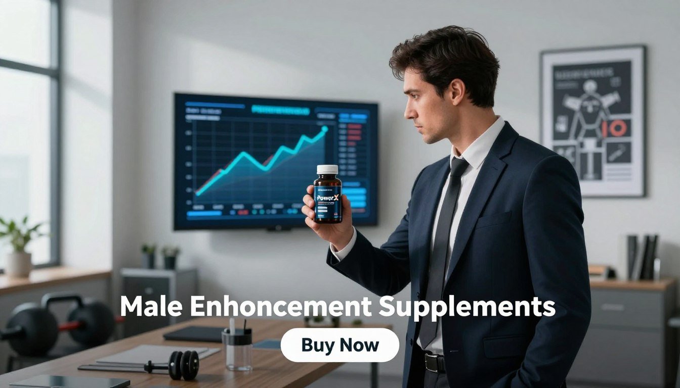 A dynamic scene illustrating the modern struggle for peak performance, featuring a focused man in professional business attire, holding the "PowerX Pro" product in one hand while looking determinedly at a digital performance chart displayed on a screen in the background. In the foreground, the man stands in a sleek, modern office environment, with motivational elements like a health-focused poster on the wall and fitness equipment subtly placed around. Soft, natural lighting from large windows casts gentle shadows, enhancing the atmosphere of motivation and ambition. The background showcases a minimalist design with tech-inspired decor, creating a sense of innovation. Below the man, include a "Buy Now" button, with the brand name "Male Enhancement Supplements" prominently displayed. The mood is one of ambition, confidence, and the pursuit of excellence. A dynamic scene illustrating the modern struggle for peak performance, featuring a focused man in professional business attire, holding the "PowerX Pro" product in one hand while looking determinedly at a digital performance chart displayed on a screen in the background. In the foreground, the man stands in a sleek, modern office environment, with motivational elements like a health-focused poster on the wall and fitness equipment subtly placed around. Soft, natural lighting from large windows casts gentle shadows, enhancing the atmosphere of motivation and ambition. The background showcases a minimalist design with tech-inspired decor, creating a sense of innovation. Below the man, include a "Buy Now" button, with the brand name "Male Enhancement Supplements" prominently displayed. The mood is one of ambition, confidence, and the pursuit of excellence.