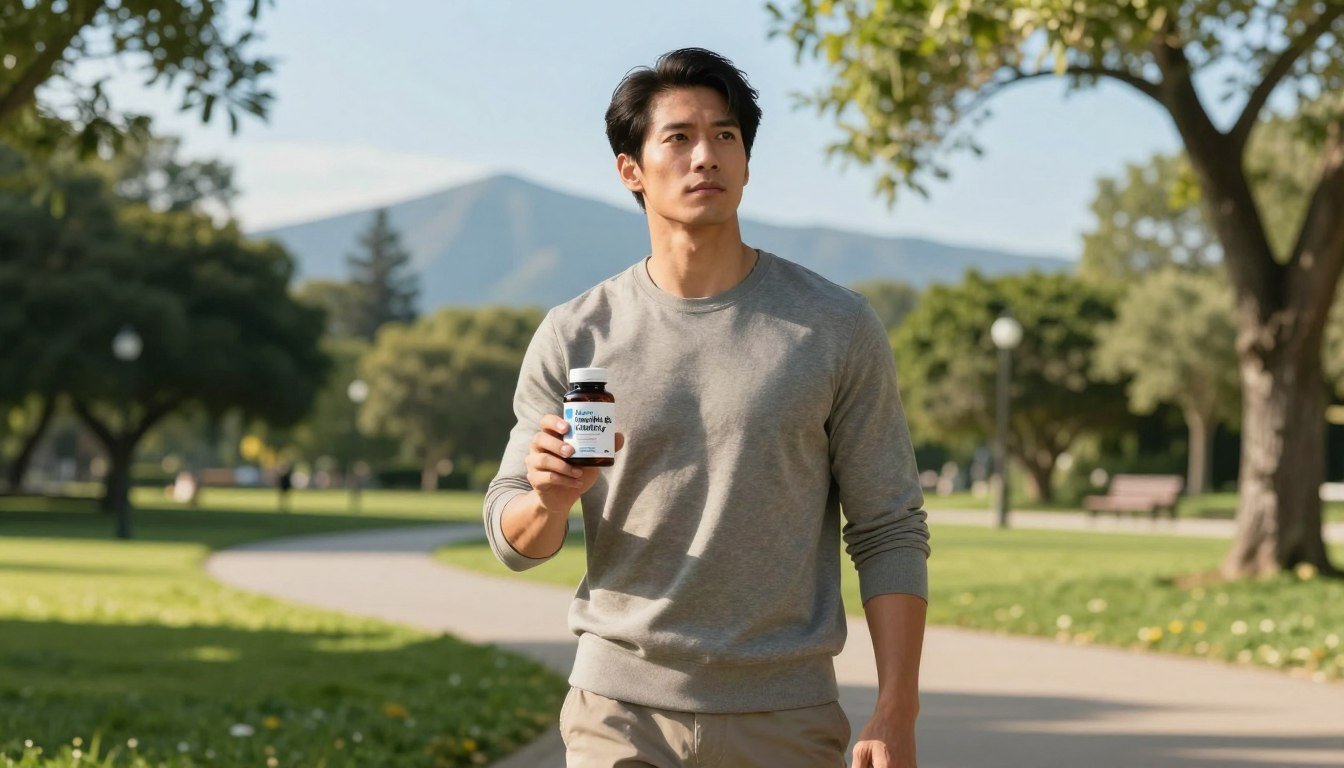 A focused, determined man in smart casual attire stands at the forefront, holding a bottle labeled "Men’s Health & Vitality Sup." His expression embodies strength and resilience, reflecting the energy and vitality theme. In the middle ground, a scenic park with lush greenery symbolizes balance and wellness. Soft, warm sunlight filters through the trees, casting gentle shadows and creating a serene atmosphere. The background features distant mountains under a clear blue sky, enhancing the sense of adventure and vitality. Use a slightly elevated angle to capture the man’s confident stance, with depth of field blurring the background slightly for emphasis. The overall mood is uplifting and progressive, resonating with the theme of modern men's challenges in maintaining energy and vitality. A focused, determined man in smart casual attire stands at the forefront, holding a bottle labeled "Men’s Health & Vitality Sup." His expression embodies strength and resilience, reflecting the energy and vitality theme. In the middle ground, a scenic park with lush greenery symbolizes balance and wellness. Soft, warm sunlight filters through the trees, casting gentle shadows and creating a serene atmosphere. The background features distant mountains under a clear blue sky, enhancing the sense of adventure and vitality. Use a slightly elevated angle to capture the man’s confident stance, with depth of field blurring the background slightly for emphasis. The overall mood is uplifting and progressive, resonating with the theme of modern men's challenges in maintaining energy and vitality.