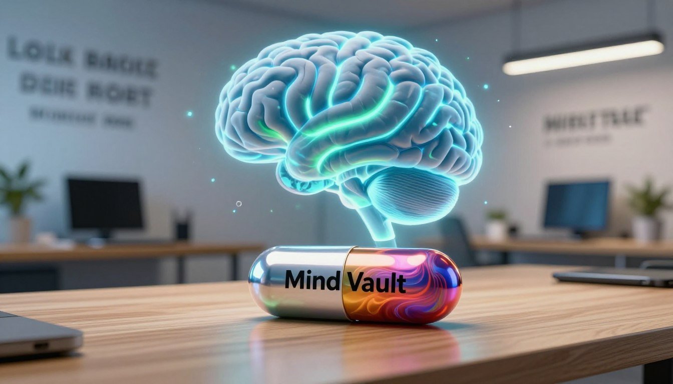 A futuristic brain supplement product, labeled "Mind Vault," prominently displayed in the foreground, with a sleek, metallic capsule design showcasing vibrant, swirling colors that suggest enhanced cognitive abilities. In the middle ground, an abstract representation of the brain, illuminated with soft blue and green light, symbolizing increased focus and clarity. In the background, a serene office environment featuring a wooden desk, modern gadgets, and motivational quotes subtly presented on a wall. Soft, ambient lighting enhances the innovative atmosphere, using a wide-angle lens perspective to create depth. The overall mood is professional and uplifting, evoking a sense of curiosity and inspiration, perfect for individuals seeking cognitive enhancement in their daily lives. No text or distractions present. A futuristic brain supplement product, labeled "Mind Vault," prominently displayed in the foreground, with a sleek, metallic capsule design showcasing vibrant, swirling colors that suggest enhanced cognitive abilities. In the middle ground, an abstract representation of the brain, illuminated with soft blue and green light, symbolizing increased focus and clarity. In the background, a serene office environment featuring a wooden desk, modern gadgets, and motivational quotes subtly presented on a wall. Soft, ambient lighting enhances the innovative atmosphere, using a wide-angle lens perspective to create depth. The overall mood is professional and uplifting, evoking a sense of curiosity and inspiration, perfect for individuals seeking cognitive enhancement in their daily lives. No text or distractions present.