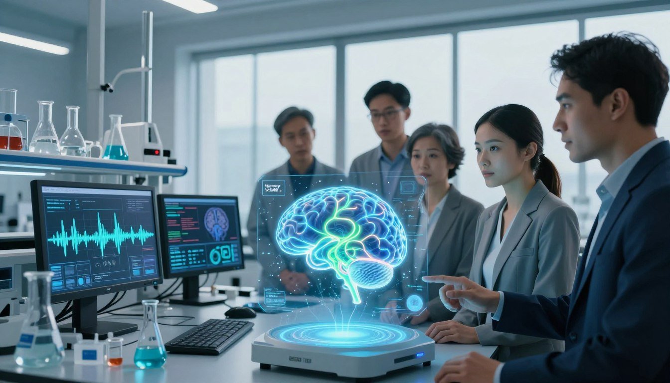 A futuristic laboratory scene depicting the concept of "Neural Support and Brain Function Science." In the foreground, a diverse group of professionals in smart business attire examines a holographic brain model, showcasing neural pathways illuminated in blue and green hues. The middle layer features advanced scientific equipment, such as beakers and computer screens displaying complex data and brain wave patterns. The background is filled with large windows allowing natural light to flood the space, enhancing the innovative atmosphere. The scene should invoke a sense of collaboration and discovery, with soft, focused lighting highlighting the individuals’ expressions of deep concentration and curiosity. Include elements suggesting the brand "Memory Vitali," such as subtle branding on screens or materials present in the lab, ensuring a safe and professional aesthetic. A futuristic laboratory scene depicting the concept of "Neural Support and Brain Function Science." In the foreground, a diverse group of professionals in smart business attire examines a holographic brain model, showcasing neural pathways illuminated in blue and green hues. The middle layer features advanced scientific equipment, such as beakers and computer screens displaying complex data and brain wave patterns. The background is filled with large windows allowing natural light to flood the space, enhancing the innovative atmosphere. The scene should invoke a sense of collaboration and discovery, with soft, focused lighting highlighting the individuals’ expressions of deep concentration and curiosity. Include elements suggesting the brand "Memory Vitali," such as subtle branding on screens or materials present in the lab, ensuring a safe and professional aesthetic.