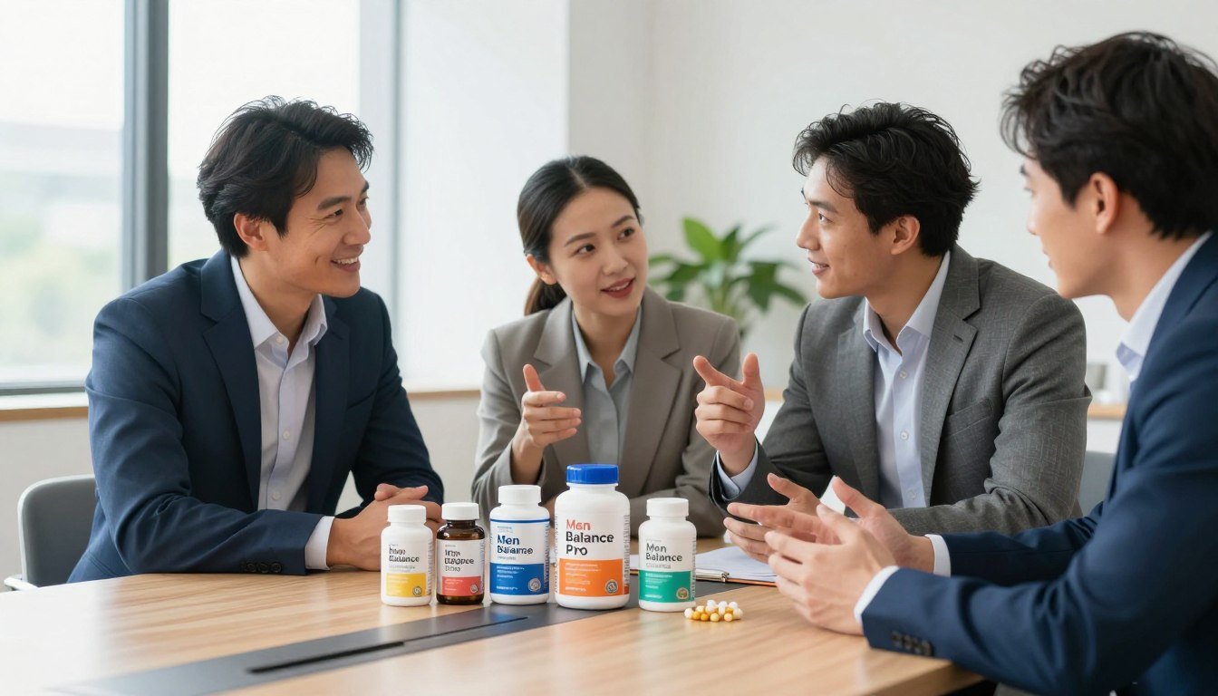 A group of three diverse men in professional business attire, gathered around a modern conference table, engaging in a focused discussion about health and wellness. The foreground features a variety of health supplements labeled as "Men Balance Pro," elegantly displayed beside them. The middle ground captures their animated expressions, emphasizing teamwork and determination. In the background, a bright and airy office environment with large windows, allowing natural light to flood in, enhances the atmosphere of positivity and professionalism. The color palette is warm and inviting, highlighting shades of blue and green, conveying a sense of balance and well-being. The overall mood is uplifting and inspiring, showcasing a proactive approach to health. A group of three diverse men in professional business attire, gathered around a modern conference table, engaging in a focused discussion about health and wellness. The foreground features a variety of health supplements labeled as "Men Balance Pro," elegantly displayed beside them. The middle ground captures their animated expressions, emphasizing teamwork and determination. In the background, a bright and airy office environment with large windows, allowing natural light to flood in, enhances the atmosphere of positivity and professionalism. The color palette is warm and inviting, highlighting shades of blue and green, conveying a sense of balance and well-being. The overall mood is uplifting and inspiring, showcasing a proactive approach to health.