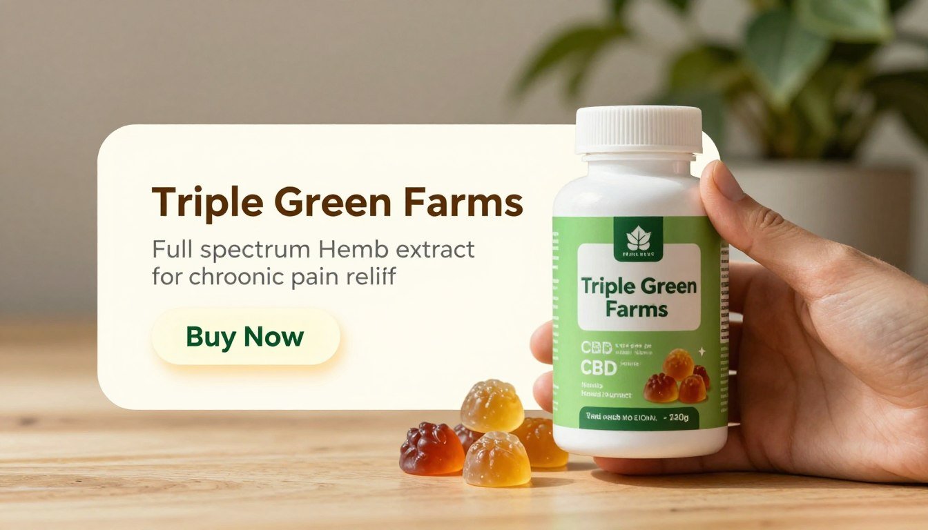 A hand holding a green and white CBD gummies bottle labeled "Triple Green Farms" prominently displayed in the foreground, showcasing colorful, translucent gummies spilling slightly from the open lid. In the middle ground, a clean and modern ad banner features a glowing "Buy Now" button and a small price tag to emphasize the product's purchase appeal. The background has soft, natural elements like blurred greenery or a wooden table, creating a calming atmosphere. The lighting is warm and inviting, highlighting the texture of the gummies, evoking a sense of relief and tranquility. The overall mood is soothing and professional, ideal for illustrating the benefits of full spectrum hemp extract for chronic pain relief.