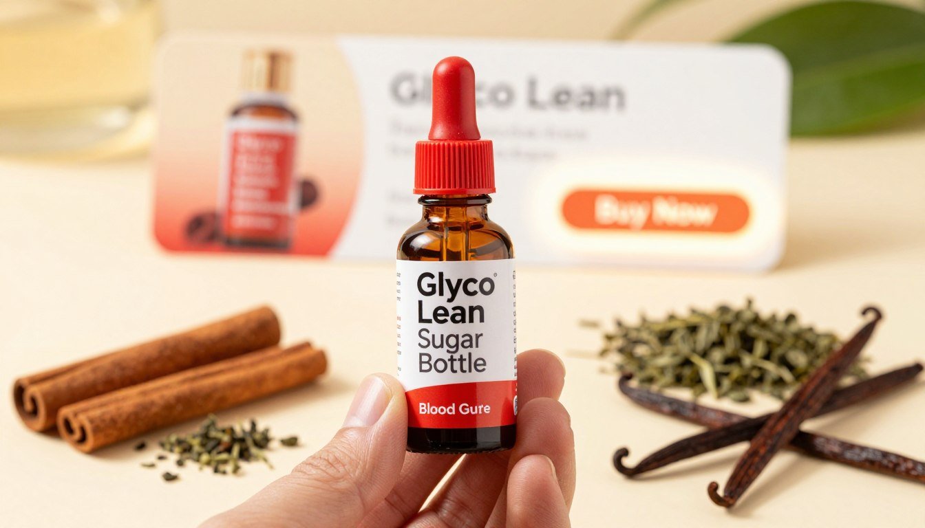 A hand holding a red Glyco Lean dropper bottle prominently in the foreground, showcasing the label "Glyco Lean Blood Sugar Bottle" with a clean, crisp design. Surrounding the bottle are various natural ingredients known for blood sugar support, such as cinnamon sticks, green tea leaves, and vanilla pods, arranged artistically to create a visually engaging composition. In the middle ground, incorporate a soft-focus background featuring a glowing "Buy Now" button and a subtle price tag, emphasizing affordability. Use warm, inviting lighting to create a cheerful atmosphere, ideally captured with a shallow depth of field to keep the focus on the Glyco Lean bottle and ingredients. The scene should evoke a sense of health and vitality, inviting viewers to explore the benefits of these ingredients.