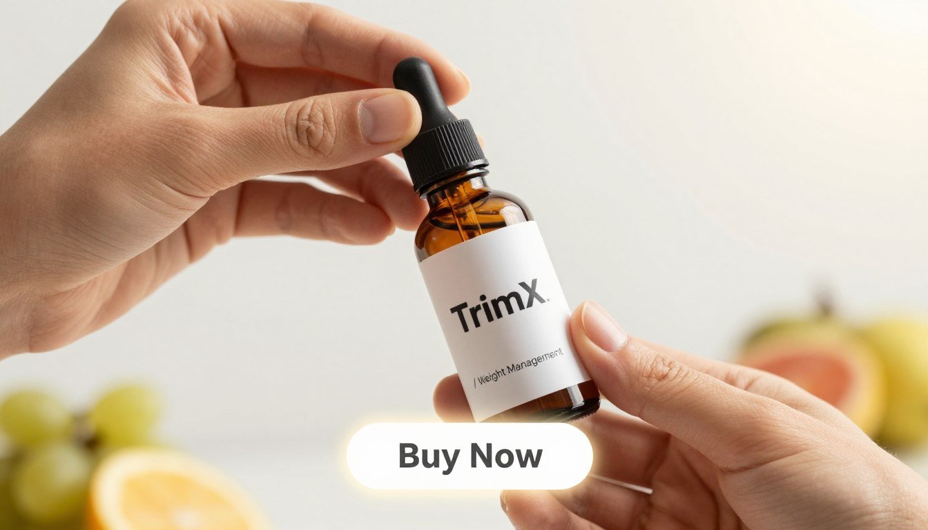 A hand holding a sleek, modern TrimX dropper bottle labeled "TrimX / Weight Management" against a clean, bright background. The dropper bottle is glistening with subtle reflections, conveying a sense of freshness and vitality. Just below the bottle, a price tag showcases a competitive price, emphasizing value. A glowing "Buy Now" button is artistically integrated into the composition, suggesting action and engagement. The lighting is soft and warm, creating an inviting atmosphere that suggests health and well-being. The background features blurred hints of fresh fruits and herbal elements, subtly supporting the natural theme of weight management. The overall mood reflects empowerment and motivation, aligning perfectly with the essence of TrimX drops. A hand holding a sleek, modern TrimX dropper bottle labeled "TrimX / Weight Management" against a clean, bright background. The dropper bottle is glistening with subtle reflections, conveying a sense of freshness and vitality. Just below the bottle, a price tag showcases a competitive price, emphasizing value. A glowing "Buy Now" button is artistically integrated into the composition, suggesting action and engagement. The lighting is soft and warm, creating an inviting atmosphere that suggests health and well-being. The background features blurred hints of fresh fruits and herbal elements, subtly supporting the natural theme of weight management. The overall mood reflects empowerment and motivation, aligning perfectly with the essence of TrimX drops.