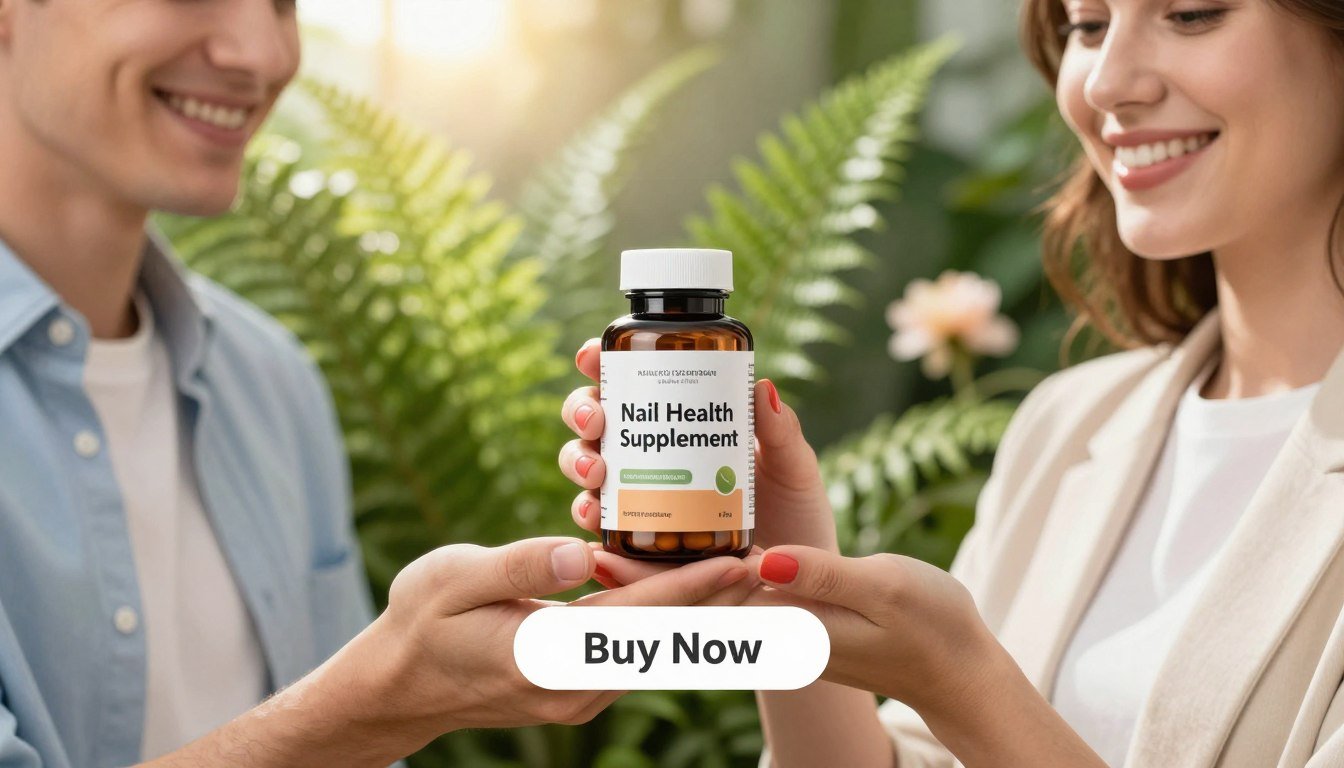 A harmonious, bright image showcasing a professional man and woman in smart casual attire, both holding a beautifully designed bottle labeled "Nail Health Supplement." The product is centered in the foreground, with their hands gently cupping it, displaying vibrant, healthy nails. In the middle ground, a lush green backdrop of natural elements like ferns and soft-focus flowers enhances the theme of health and vitality. The background incorporates soft, warm sunlight filtering through leaves, creating a serene, uplifting atmosphere. The composition is balanced and inviting, with an overall mood of freshness and renewal. A subtle, prominent "Buy Now" button is positioned below the product, harmonizing with the design. The lens captures the scene in a gentle close-up, emphasizing the details of the product and the models' joyful expressions, promoting engagement and positivity. A harmonious, bright image showcasing a professional man and woman in smart casual attire, both holding a beautifully designed bottle labeled "Nail Health Supplement." The product is centered in the foreground, with their hands gently cupping it, displaying vibrant, healthy nails. In the middle ground, a lush green backdrop of natural elements like ferns and soft-focus flowers enhances the theme of health and vitality. The background incorporates soft, warm sunlight filtering through leaves, creating a serene, uplifting atmosphere. The composition is balanced and inviting, with an overall mood of freshness and renewal. A subtle, prominent "Buy Now" button is positioned below the product, harmonizing with the design. The lens captures the scene in a gentle close-up, emphasizing the details of the product and the models' joyful expressions, promoting engagement and positivity.