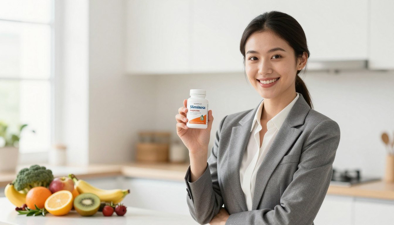 A high-quality photo depicting a slim young woman in professional attire, confidently holding a bottle of SlimJaro, with the product clearly visible. She stands in a bright, airy room filled with natural light, which enhances the uplifting atmosphere. In the foreground, the woman is positioned slightly to the right, showcasing the product as she smiles warmly. In the middle ground, there could be subtle elements representing mechanisms of action associated with the supplement, like vibrant fruits and herbs arranged artfully. The background is a soft, blurred scene of a modern, clean kitchen. The lighting is bright and inviting, creating a mood of health and vitality. Emphasize the brand name "Weight loss" subtly in the design, ensuring a professional look without any explicit text.