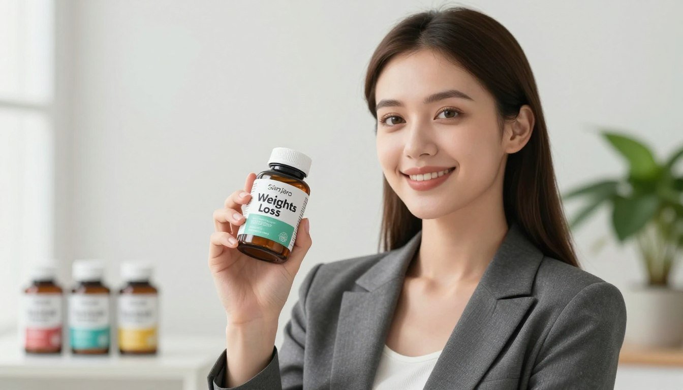 A high-quality photo of a slim young woman in professional business attire, confidently holding a bottle of SlimJaro, prominently displaying the label "Weight Loss". She stands in the foreground against a bright, inviting background that suggests a health-focused environment, perhaps with hints of greenery or wellness products softly blurred in the middle ground. The lighting is bright and natural, illuminating her features and the product, creating an uplifting and motivational atmosphere. The angle is slightly tilted upward to emphasize her positive demeanor, evoking a sense of trust and reliability in SlimJaro's claims as a revolutionary natural slimming supplement.
