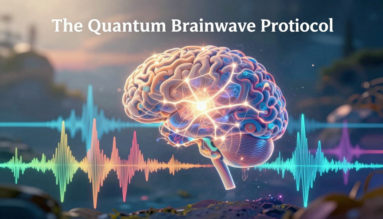 A mesmerizing visualization of brainwave patterns and audio frequencies intertwined, showcasing the intricate relationship between cognitive processes and sound. In the foreground, vibrant, colorful waveforms pulsate in sync with brainwave lines that resemble fractal geometries. The middle layer features a glowing neural network radiating energy, symbolizing the expansive potential of the mind. In the background, a softly blurred ethereal landscape represents a serene, meditative state, illuminated by soft, ambient lighting. The atmosphere is tranquil yet charged with dynamic energy, invoking a sense of exploration and cognitive mastery. Capture the essence of "The Quantum Brainwave Protocol" with a thoughtful, artistic approach using a wide-angle lens to enhance depth, focusing the light to highlight the vivid colors and textures. A mesmerizing visualization of brainwave patterns and audio frequencies intertwined, showcasing the intricate relationship between cognitive processes and sound. In the foreground, vibrant, colorful waveforms pulsate in sync with brainwave lines that resemble fractal geometries. The middle layer features a glowing neural network radiating energy, symbolizing the expansive potential of the mind. In the background, a softly blurred ethereal landscape represents a serene, meditative state, illuminated by soft, ambient lighting. The atmosphere is tranquil yet charged with dynamic energy, invoking a sense of exploration and cognitive mastery. Capture the essence of "The Quantum Brainwave Protocol" with a thoughtful, artistic approach using a wide-angle lens to enhance depth, focusing the light to highlight the vivid colors and textures.