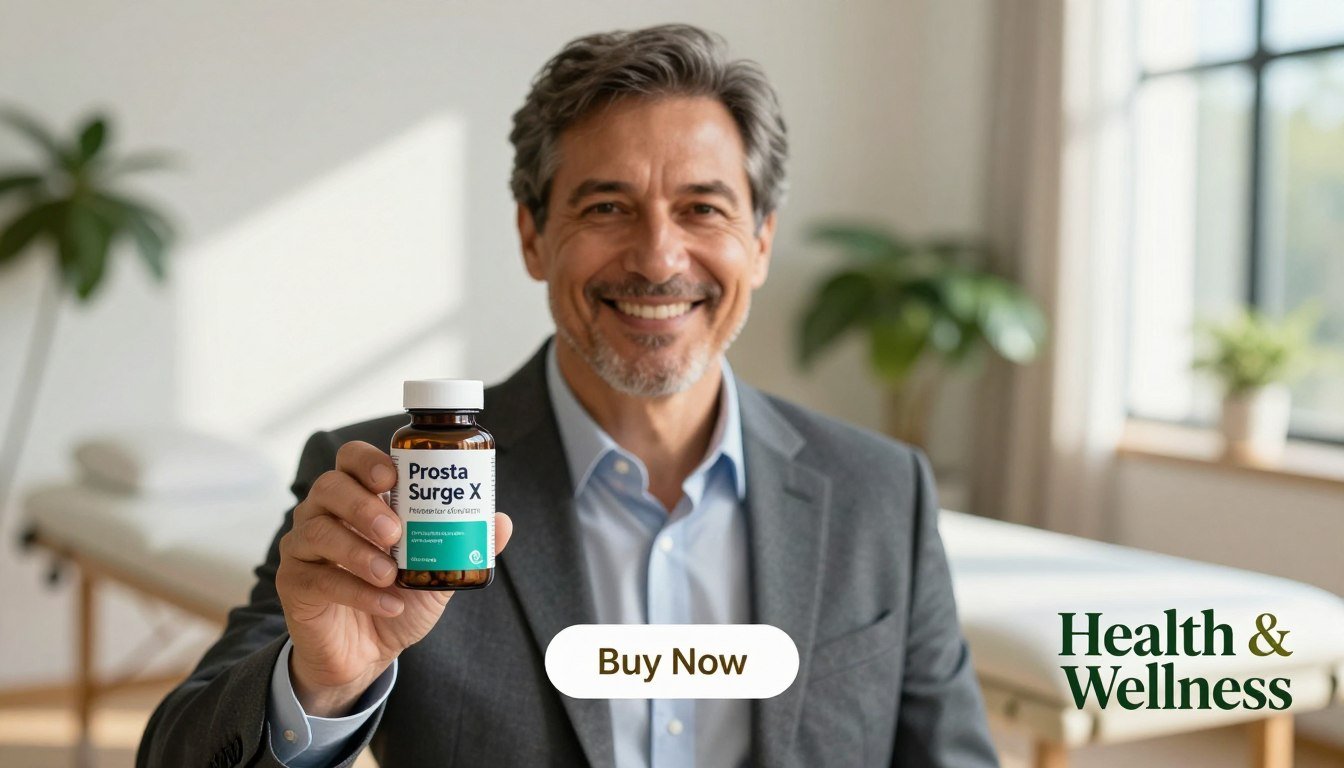 A middle-aged man in professional business attire, smiling confidently while holding a bottle of "Prosta Surge X," the herbal formula for prostate comfort and strength. The foreground features him in sharp focus against a softly blurred background of a serene, sunlit wellness space with greenery. The mood conveys vitality and health, highlighting the importance of prostate health among modern men. Natural lighting pours in through a window, casting gentle shadows, while a "Buy Now" button subtly appears below the product image. The brand name "Health & Wellness" is featured prominently in an elegant font in the bottom corner. The overall atmosphere is uplifting and encouraging, appealing to men seeking proactive solutions for healthy aging and urinary support. A middle-aged man in professional business attire, smiling confidently while holding a bottle of "Prosta Surge X," the herbal formula for prostate comfort and strength. The foreground features him in sharp focus against a softly blurred background of a serene, sunlit wellness space with greenery. The mood conveys vitality and health, highlighting the importance of prostate health among modern men. Natural lighting pours in through a window, casting gentle shadows, while a "Buy Now" button subtly appears below the product image. The brand name "Health & Wellness" is featured prominently in an elegant font in the bottom corner. The overall atmosphere is uplifting and encouraging, appealing to men seeking proactive solutions for healthy aging and urinary support.