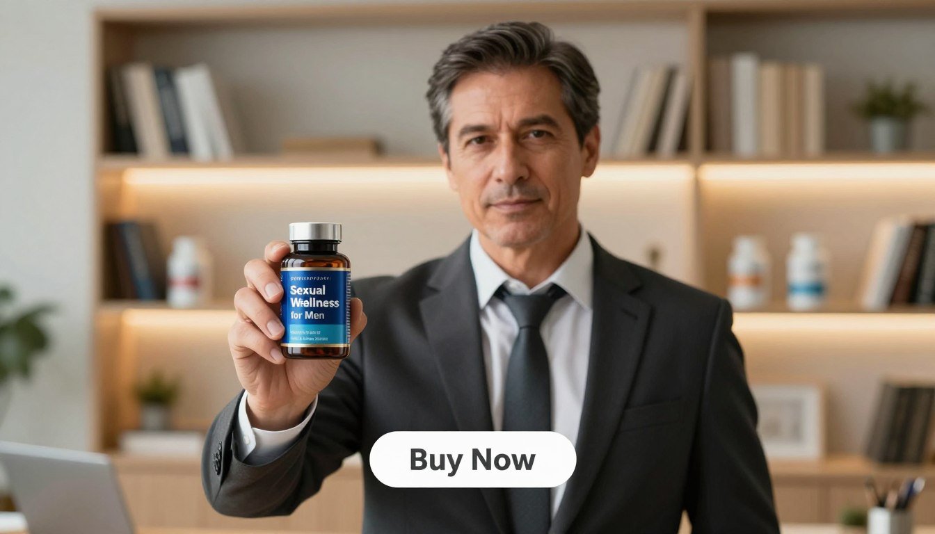 A middle-aged man in professional business attire, standing confidently in a well-lit, modern office setting. He is holding a sleek, stylish bottle of testosterone support supplement labeled "Sexual Wellness for Men," showcasing the product prominently. In the background, soft-focus shelves filled with health and wellness books create a supportive ambiance. The lighting is warm and inviting, casting a gentle glow on the man's face, highlighting his determined expression, signifying vitality and strength. Below him, a subtle digital "Buy Now" button is integrated into the scene, reinforcing the product's appeal. The atmosphere conveys a sense of empowerment and proactive health choices for men over 40, reflecting the importance of testosterone support. A middle-aged man in professional business attire, standing confidently in a well-lit, modern office setting. He is holding a sleek, stylish bottle of testosterone support supplement labeled "Sexual Wellness for Men," showcasing the product prominently. In the background, soft-focus shelves filled with health and wellness books create a supportive ambiance. The lighting is warm and inviting, casting a gentle glow on the man's face, highlighting his determined expression, signifying vitality and strength. Below him, a subtle digital "Buy Now" button is integrated into the scene, reinforcing the product's appeal. The atmosphere conveys a sense of empowerment and proactive health choices for men over 40, reflecting the importance of testosterone support.