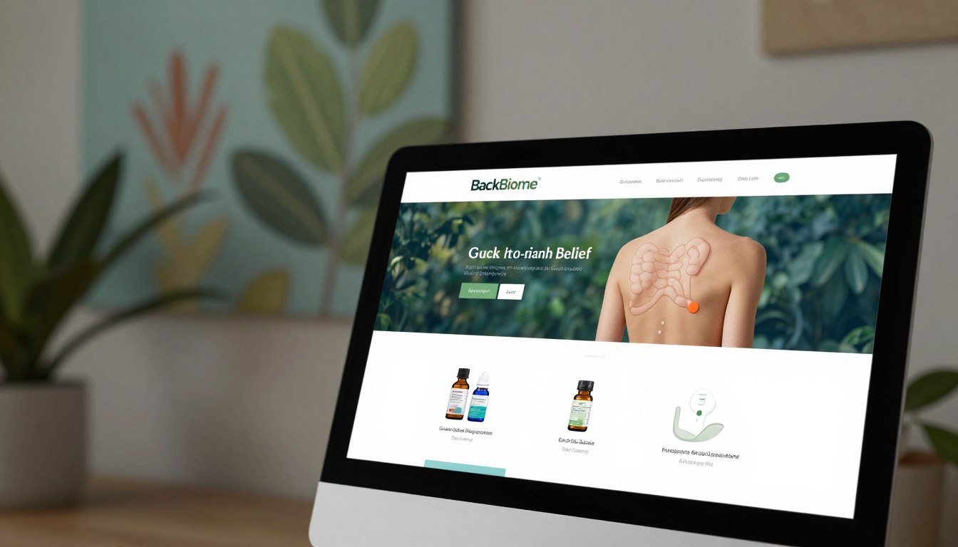 A modern and professional website interface for "BackBiome," designed to evoke a sense of natural healing and wellness. In the foreground, display a sleek computer screen showcasing an elegantly organized website layout that highlights gut health and back pain relief products. The middle ground features subtle, soothing colors like green and blue, symbolizing nature and tranquility. In the background, soft, blurred images of herbal elements, such as leaves and plants, contribute to the theme of natural remedies. The scene is well-lit with soft, ambient lighting suggesting a calm atmosphere, shot from a slight angle to give depth. Include no human subjects, ensuring a focus on the website design and its elements. A modern and professional website interface for "BackBiome," designed to evoke a sense of natural healing and wellness. In the foreground, display a sleek computer screen showcasing an elegantly organized website layout that highlights gut health and back pain relief products. The middle ground features subtle, soothing colors like green and blue, symbolizing nature and tranquility. In the background, soft, blurred images of herbal elements, such as leaves and plants, contribute to the theme of natural remedies. The scene is well-lit with soft, ambient lighting suggesting a calm atmosphere, shot from a slight angle to give depth. Include no human subjects, ensuring a focus on the website design and its elements.