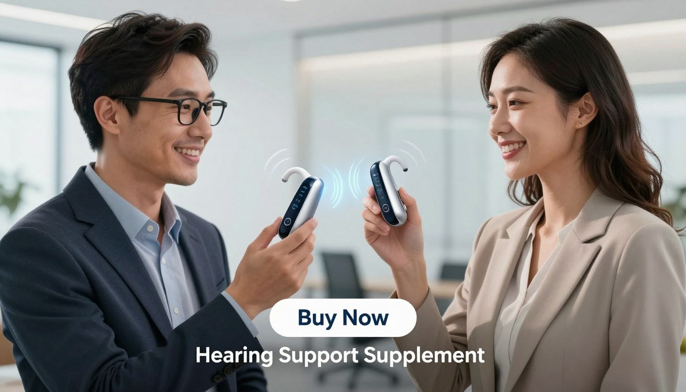A modern, clean image showcasing a man and woman in professional business attire, both smiling and holding the innovative Whispeara device, which looks sleek and high-tech. The man has short dark hair and glasses, while the woman has medium-length wavy hair. They are positioned in the foreground, surrounded by gentle light. In the middle layer, feature a soft-focus background of a bright, airy modern office setting. Highlight the device's features with subtle glows emanating from it, symbolizing its advanced hearing support technology. Below them, place a prominent "Buy Now" button alongside the brand name "Hearing Support Supplement." The atmosphere should be optimistic and professional, conveying a sense of reliability and innovation in hearing enhancement. A modern, clean image showcasing a man and woman in professional business attire, both smiling and holding the innovative Whispeara device, which looks sleek and high-tech. The man has short dark hair and glasses, while the woman has medium-length wavy hair. They are positioned in the foreground, surrounded by gentle light. In the middle layer, feature a soft-focus background of a bright, airy modern office setting. Highlight the device's features with subtle glows emanating from it, symbolizing its advanced hearing support technology. Below them, place a prominent "Buy Now" button alongside the brand name "Hearing Support Supplement." The atmosphere should be optimistic and professional, conveying a sense of reliability and innovation in hearing enhancement.