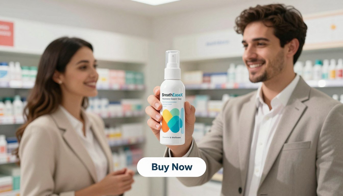 A modern, clean product display featuring "BreathEaseX Respiratory Support Spray". In the foreground, a confident man and woman, both dressed in professional business attire, proudly hold the spray, showcasing its sleek packaging. The middle ground focuses on the product, which is elegantly designed, with a spray nozzle and vibrant branding. In the background, a softly blurred pharmacy or wellness store scene creates an inviting, health-conscious atmosphere. Soft, natural light filters through, highlighting the spray and the subjects’ expressions of satisfaction and trust. Below the product, a prominently placed "Buy Now" button is subtly integrated into the layout. The overall mood is uplifting, emphasizing health and modern living, reflecting brand "Health & Wellness". A modern, clean product display featuring "BreathEaseX Respiratory Support Spray". In the foreground, a confident man and woman, both dressed in professional business attire, proudly hold the spray, showcasing its sleek packaging. The middle ground focuses on the product, which is elegantly designed, with a spray nozzle and vibrant branding. In the background, a softly blurred pharmacy or wellness store scene creates an inviting, health-conscious atmosphere. Soft, natural light filters through, highlighting the spray and the subjects’ expressions of satisfaction and trust. Below the product, a prominently placed "Buy Now" button is subtly integrated into the layout. The overall mood is uplifting, emphasizing health and modern living, reflecting brand "Health & Wellness".
