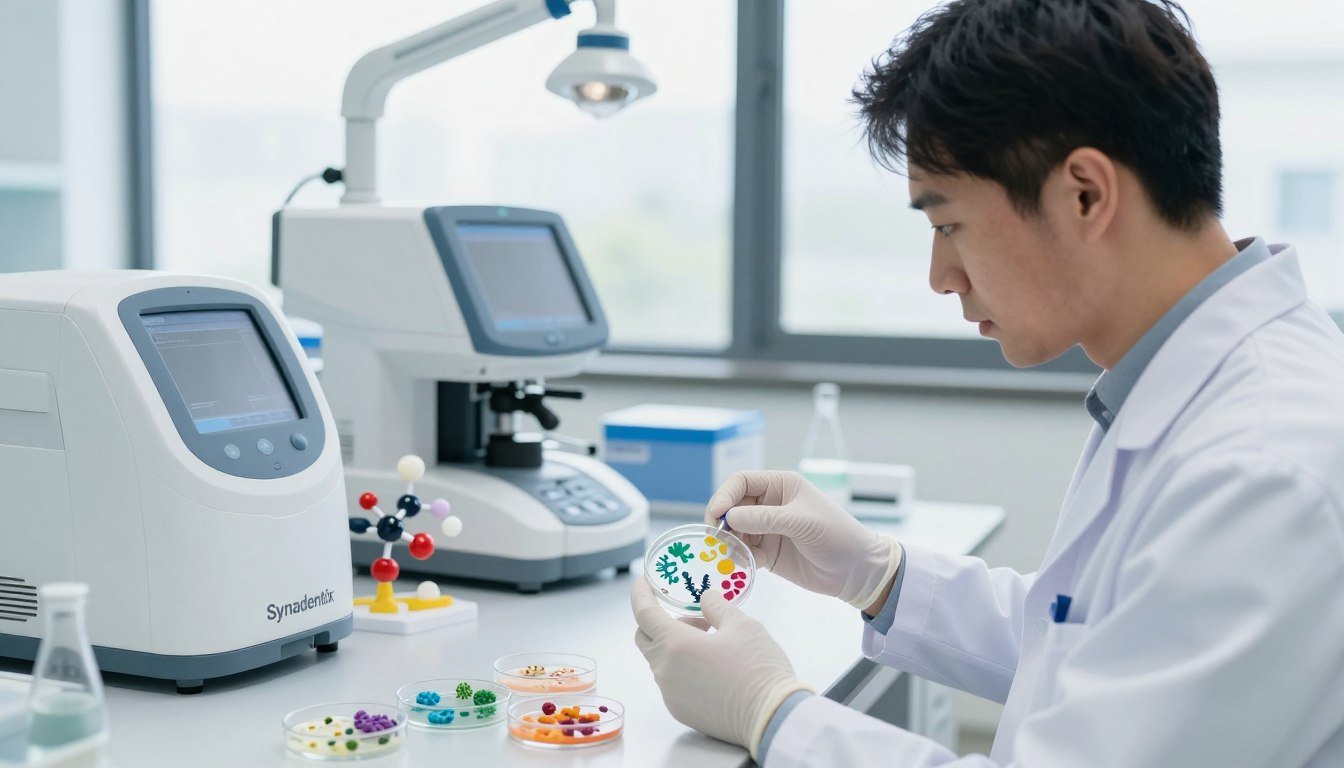 A modern dental laboratory setting showcases the science behind Synadentix. In the foreground, a scientist in a white lab coat conducts a careful experiment with petri dishes containing vibrant, diverse microbes representing a balanced oral microbiome. The middle ground features advanced dental equipment and colorful molecular models illustrating the interactions of dental care ingredients. In the background, bright and airy windows offer natural light, enhancing the clean and professional atmosphere. A sleek, organized workspace gives an impression of innovation and technology in dental care. Soft focus on details allows the viewer to feel the precision and importance of dental science, creating a calm and insightful mood while highlighting the innovative nature of Synadentix. A modern dental laboratory setting showcases the science behind Synadentix. In the foreground, a scientist in a white lab coat conducts a careful experiment with petri dishes containing vibrant, diverse microbes representing a balanced oral microbiome. The middle ground features advanced dental equipment and colorful molecular models illustrating the interactions of dental care ingredients. In the background, bright and airy windows offer natural light, enhancing the clean and professional atmosphere. A sleek, organized workspace gives an impression of innovation and technology in dental care. Soft focus on details allows the viewer to feel the precision and importance of dental science, creating a calm and insightful mood while highlighting the innovative nature of Synadentix.