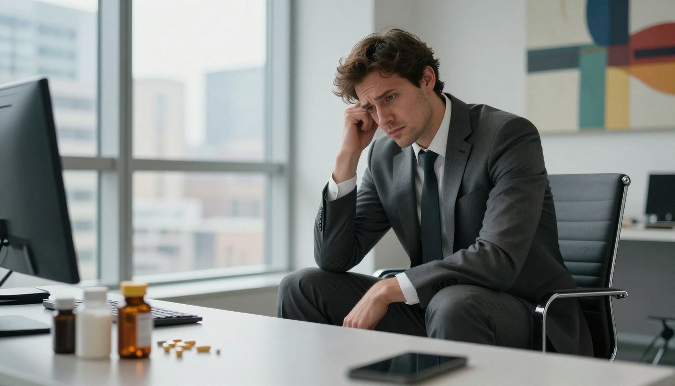 A modern man in his 30s, wearing a tailored business suit, sits on a sleek, minimalist office chair, looking contemplative and weary. His posture is slouched, and his face reflects a combination of concern and fatigue, with deep-set eyes. The foreground features a subtle scattering of health supplements and fitness gear on a polished desk. In the middle, a floor-to-ceiling window reveals a bustling cityscape, hinting at a fast-paced life outside. Soft, natural light pours in, creating gentle shadows that enhance the mood of introspection. The background shows abstract art that suggests vitality but contrasts with the man's struggle. Overall, the atmosphere is one of quiet urgency, embodying the theme of declining vitality. A modern man in his 30s, wearing a tailored business suit, sits on a sleek, minimalist office chair, looking contemplative and weary. His posture is slouched, and his face reflects a combination of concern and fatigue, with deep-set eyes. The foreground features a subtle scattering of health supplements and fitness gear on a polished desk. In the middle, a floor-to-ceiling window reveals a bustling cityscape, hinting at a fast-paced life outside. Soft, natural light pours in, creating gentle shadows that enhance the mood of introspection. The background shows abstract art that suggests vitality but contrasts with the man's struggle. Overall, the atmosphere is one of quiet urgency, embodying the theme of declining vitality.