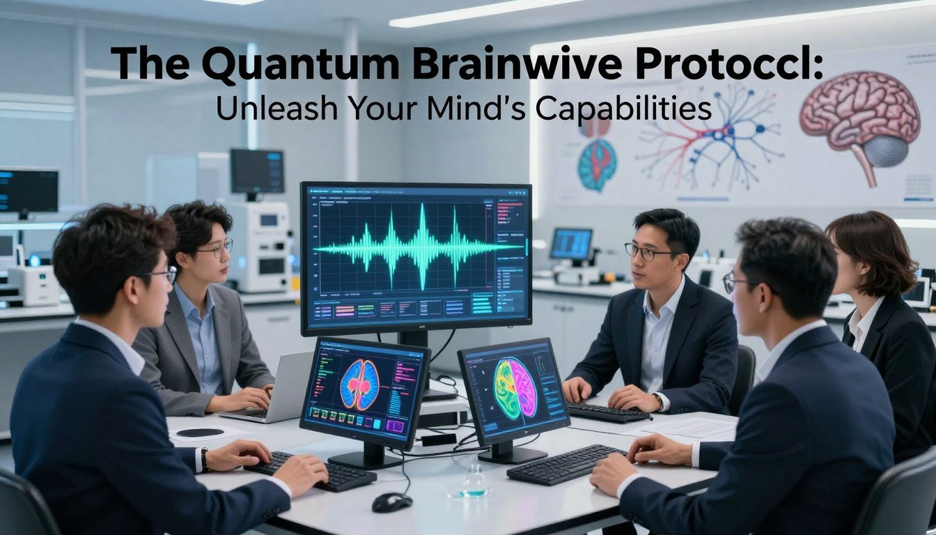 A modern neuroscience laboratory focused on brainwave entrainment research. In the foreground, a diverse group of professionals in business attire are engaged in discussion around a high-tech EEG device displaying colorful brainwave patterns. The middle features a digital interface with brainwave graphs and oscillating waves, symbolizing rhythm and frequency. The background includes sleek laboratory equipment, illuminated by soft, ambient lighting, creating a calm yet cutting-edge atmosphere. The walls are adorned with visuals of brain anatomy and neural pathways. The overall mood is inspiring and innovative, reflecting the essence of "The Quantum Brainwave Protocol: Unleash Your Mind's Capabilities," emphasizing the scientific exploration of human potential. A modern neuroscience laboratory focused on brainwave entrainment research. In the foreground, a diverse group of professionals in business attire are engaged in discussion around a high-tech EEG device displaying colorful brainwave patterns. The middle features a digital interface with brainwave graphs and oscillating waves, symbolizing rhythm and frequency. The background includes sleek laboratory equipment, illuminated by soft, ambient lighting, creating a calm yet cutting-edge atmosphere. The walls are adorned with visuals of brain anatomy and neural pathways. The overall mood is inspiring and innovative, reflecting the essence of "The Quantum Brainwave Protocol: Unleash Your Mind's Capabilities," emphasizing the scientific exploration of human potential.