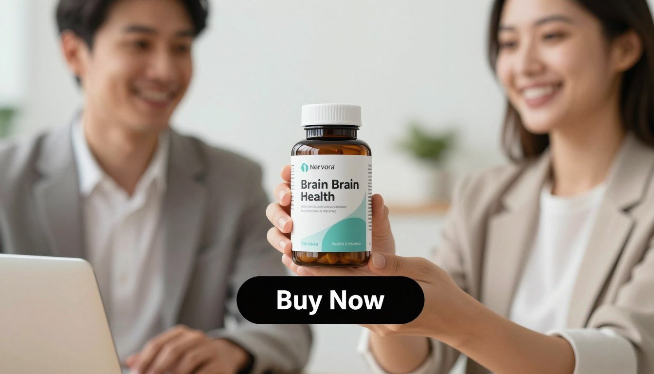 A modern, professional setting showcasing a man and a woman dressed in smart casual attire, both smiling while holding the Nervora Brain Health Supplement bottle prominently in their hands. The lighting is bright and inviting, highlighting the product's sleek design and packaging. In the foreground, the supplement bottle is displayed clearly with a soft focus on it, while the background features a calming, minimalistic office environment that conveys a sense of productivity and wellness. A large, eye-catching "Buy Now" button is positioned below the product, emphasizing action. The brand name "Health & Wellness" is subtly placed within the image, enhancing brand recognition without distracting from the main focus. The overall mood is optimistic and inspiring, appealing to those seeking cognitive enhancement.