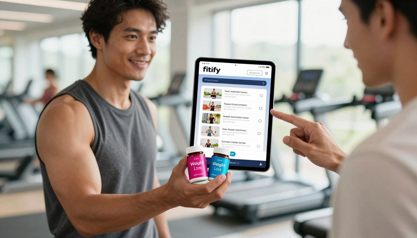 A modern, sleek image depicting Fitify fitness capsules in the foreground, held by a fit man in casual athletic wear, showcasing a health-conscious lifestyle. The capsules feature an eye-catching design branded with "Weight Loss." In the middle ground, display a digital tablet or smartphone showcasing the Fitify app interface, with vibrant UI elements indicating workout plans and nutritional guidance. In the background, create a bright, inviting gym environment with soft natural lighting filtering through windows, enhancing the atmosphere of vitality and energy. Capture a dynamic angle, focusing on the man’s confident expression as he interacts with the app. The overall mood is motivational and aspirational, reflecting the comprehensive ecosystem of fitness that Fitify represents. Include a "Buy Now" button subtly below the capsules, maintaining a clean look without any text or watermarks. A modern, sleek image depicting Fitify fitness capsules in the foreground, held by a fit man in casual athletic wear, showcasing a health-conscious lifestyle. The capsules feature an eye-catching design branded with "Weight Loss." In the middle ground, display a digital tablet or smartphone showcasing the Fitify app interface, with vibrant UI elements indicating workout plans and nutritional guidance. In the background, create a bright, inviting gym environment with soft natural lighting filtering through windows, enhancing the atmosphere of vitality and energy. Capture a dynamic angle, focusing on the man’s confident expression as he interacts with the app. The overall mood is motivational and aspirational, reflecting the comprehensive ecosystem of fitness that Fitify represents. Include a "Buy Now" button subtly below the capsules, maintaining a clean look without any text or watermarks.