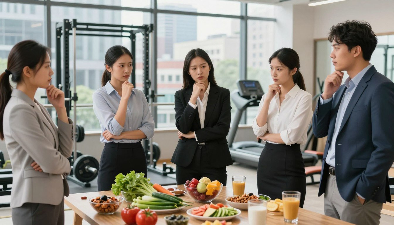 A modern urban setting depicting the struggle of weight management. In the foreground, a diverse group of people in professional business attire, showing expressions of determination and contemplation as they stand around a table filled with healthy and unhealthy food options. In the middle, a gym in disarray with weights and exercise equipment scattered, highlighting the chaotic aspect of fitness routines. In the background, a large window showcasing a bustling city, symbolizing external pressures and distractions. The lighting is bright and natural, creating an inspiring yet challenging atmosphere, while a shallow depth of field focuses on the individuals’ emotions. Capture the essence of modern challenges in achieving a balanced lifestyle, emphasizing both hope and struggle. A modern urban setting depicting the struggle of weight management. In the foreground, a diverse group of people in professional business attire, showing expressions of determination and contemplation as they stand around a table filled with healthy and unhealthy food options. In the middle, a gym in disarray with weights and exercise equipment scattered, highlighting the chaotic aspect of fitness routines. In the background, a large window showcasing a bustling city, symbolizing external pressures and distractions. The lighting is bright and natural, creating an inspiring yet challenging atmosphere, while a shallow depth of field focuses on the individuals’ emotions. Capture the essence of modern challenges in achieving a balanced lifestyle, emphasizing both hope and struggle.