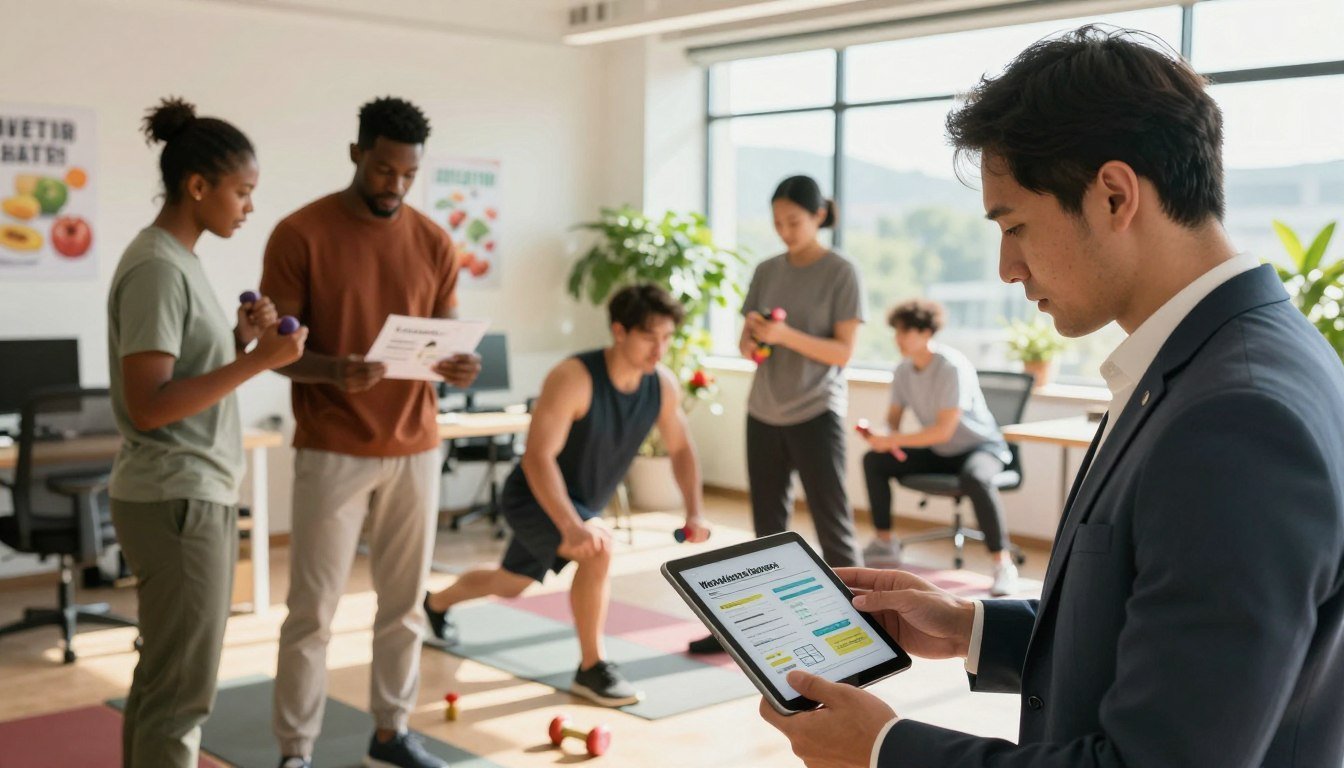 A modern workspace featuring a diverse group of men engaged in various health and wellness activities. In the foreground, one man in professional business attire is reviewing a wellness program on a tablet. The middle ground includes a small group discussing nutrition charts and exercising with small weights, all dressed in smart casual clothes. The background showcases a bright, sunlit office with indoor plants, motivational posters about health, and a window revealing a scenic outdoor view. The lighting is soft and inviting, with warm tones creating an atmosphere of positivity and teamwork. The overall mood is one of collaboration and focus on well-being, embodying the essence of Men Balance Pro as a wellness solution. A modern workspace featuring a diverse group of men engaged in various health and wellness activities. In the foreground, one man in professional business attire is reviewing a wellness program on a tablet. The middle ground includes a small group discussing nutrition charts and exercising with small weights, all dressed in smart casual clothes. The background showcases a bright, sunlit office with indoor plants, motivational posters about health, and a window revealing a scenic outdoor view. The lighting is soft and inviting, with warm tones creating an atmosphere of positivity and teamwork. The overall mood is one of collaboration and focus on well-being, embodying the essence of Men Balance Pro as a wellness solution.
