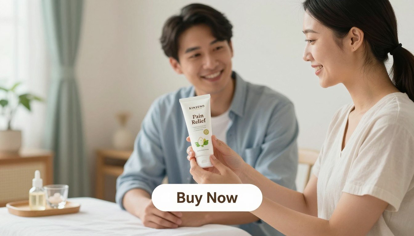 A professional and inviting image of a Kinzeno Massage Gel product prominently displayed in the foreground. A well-groomed man and woman, both dressed in casual but professional clothing, are holding the gel, smiling and sharing a moment of connection, showcasing its usability. The background features a softly lit wellness environment, with warm, soothing colors like pale blues and greens to evoke relaxation. The product label reads "Pain Relief" in elegant font. Below them, a clear "Buy Now" button is placed, seamlessly integrated into the image. The overall mood is calming and comforting, emphasizing relief for muscles and joint comfort, with natural light filtering in to enhance the inviting atmosphere. A professional and inviting image of a Kinzeno Massage Gel product prominently displayed in the foreground. A well-groomed man and woman, both dressed in casual but professional clothing, are holding the gel, smiling and sharing a moment of connection, showcasing its usability. The background features a softly lit wellness environment, with warm, soothing colors like pale blues and greens to evoke relaxation. The product label reads "Pain Relief" in elegant font. Below them, a clear "Buy Now" button is placed, seamlessly integrated into the image. The overall mood is calming and comforting, emphasizing relief for muscles and joint comfort, with natural light filtering in to enhance the inviting atmosphere.