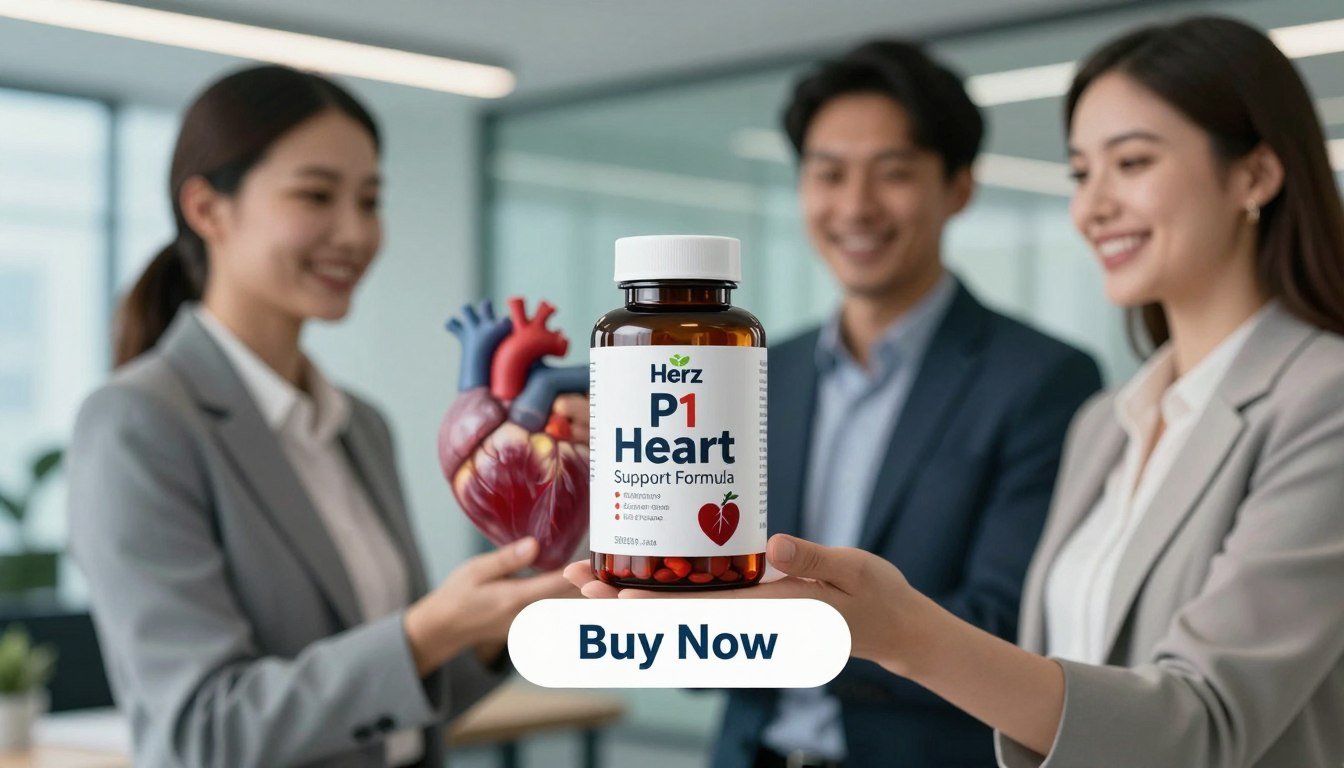 A professional, engaging product image showcasing the Herz P1 Heart Support Formula prominently in the foreground. Include a dynamic scene with a confident man and woman, both dressed in professional business attire, holding the product together with smiles. They should be in a well-lit, modern office environment, symbolizing health and vitality. In the middle ground, gently blurred images of healthy hearts or vascular imagery can hint at the product's benefits without overwhelming the scene. The background should feature calming colors like soft blues and greens to evoke a sense of wellness. Position a clear "Buy Now" button below the product image, with the brand name "Health Supplement" displayed prominently. Overall, create an atmosphere of trust and health. A professional, engaging product image showcasing the Herz P1 Heart Support Formula prominently in the foreground. Include a dynamic scene with a confident man and woman, both dressed in professional business attire, holding the product together with smiles. They should be in a well-lit, modern office environment, symbolizing health and vitality. In the middle ground, gently blurred images of healthy hearts or vascular imagery can hint at the product's benefits without overwhelming the scene. The background should feature calming colors like soft blues and greens to evoke a sense of wellness. Position a clear "Buy Now" button below the product image, with the brand name "Health Supplement" displayed prominently. Overall, create an atmosphere of trust and health.