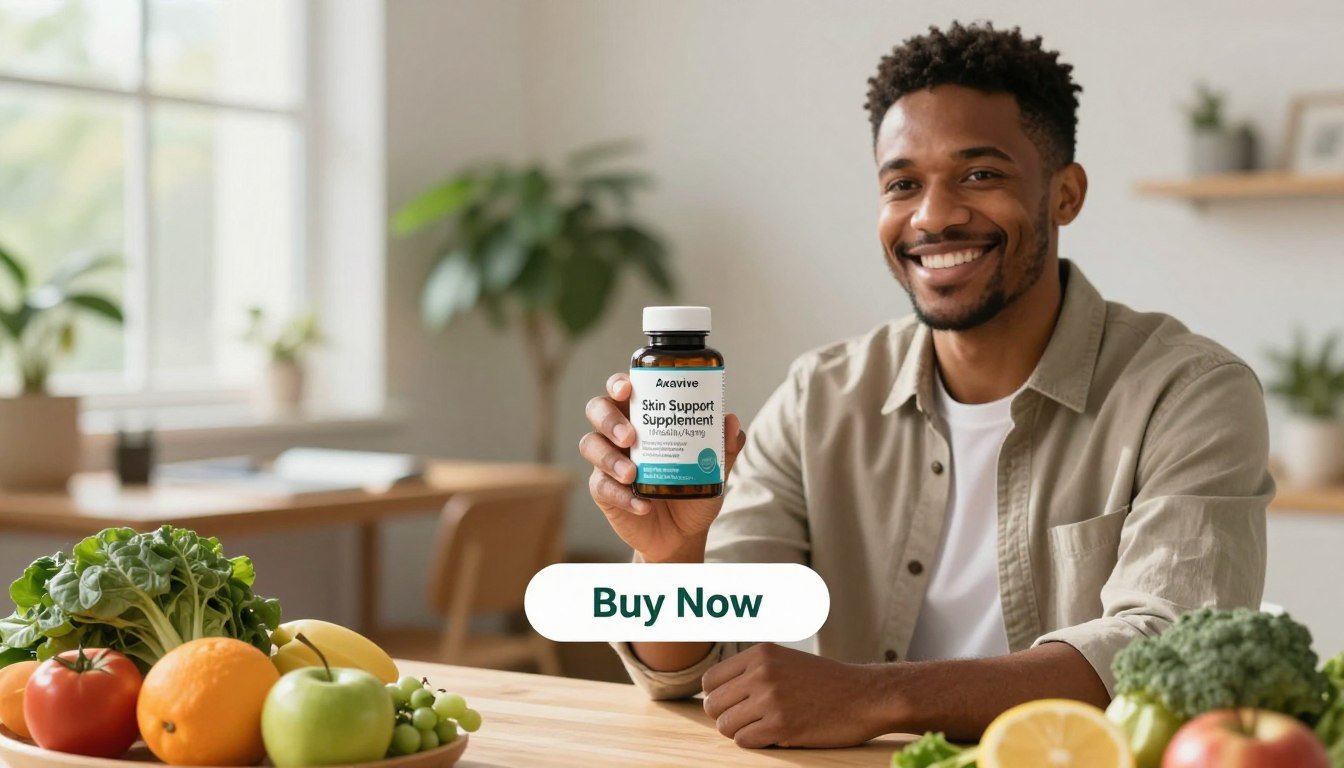 A professional, inviting image showcasing the "Axavive Skin Support Supplement for Healthy Aging." In the foreground, a diverse and smiling adult man in smart casual attire holds the sleek, modern supplement bottle, emphasizing its premium quality. The man is surrounded by health-focused props like fresh fruits and leafy greens to symbolize vitality. In the middle, a soft-focus backdrop features a tranquil home office setting with indoor plants and natural light filtering through a window, creating a sense of calm and wellness. The image should evoke a feeling of optimism and vitality, with bright, warm lighting that enhances the product's appeal. Below the supplement, include a clear, eye-catching "Buy Now" button. The brand name "Health & Wellness" should be featured subtly in the design without distracting from the main focus of the image. A professional, inviting image showcasing the "Axavive Skin Support Supplement for Healthy Aging." In the foreground, a diverse and smiling adult man in smart casual attire holds the sleek, modern supplement bottle, emphasizing its premium quality. The man is surrounded by health-focused props like fresh fruits and leafy greens to symbolize vitality. In the middle, a soft-focus backdrop features a tranquil home office setting with indoor plants and natural light filtering through a window, creating a sense of calm and wellness. The image should evoke a feeling of optimism and vitality, with bright, warm lighting that enhances the product's appeal. Below the supplement, include a clear, eye-catching "Buy Now" button. The brand name "Health & Wellness" should be featured subtly in the design without distracting from the main focus of the image.