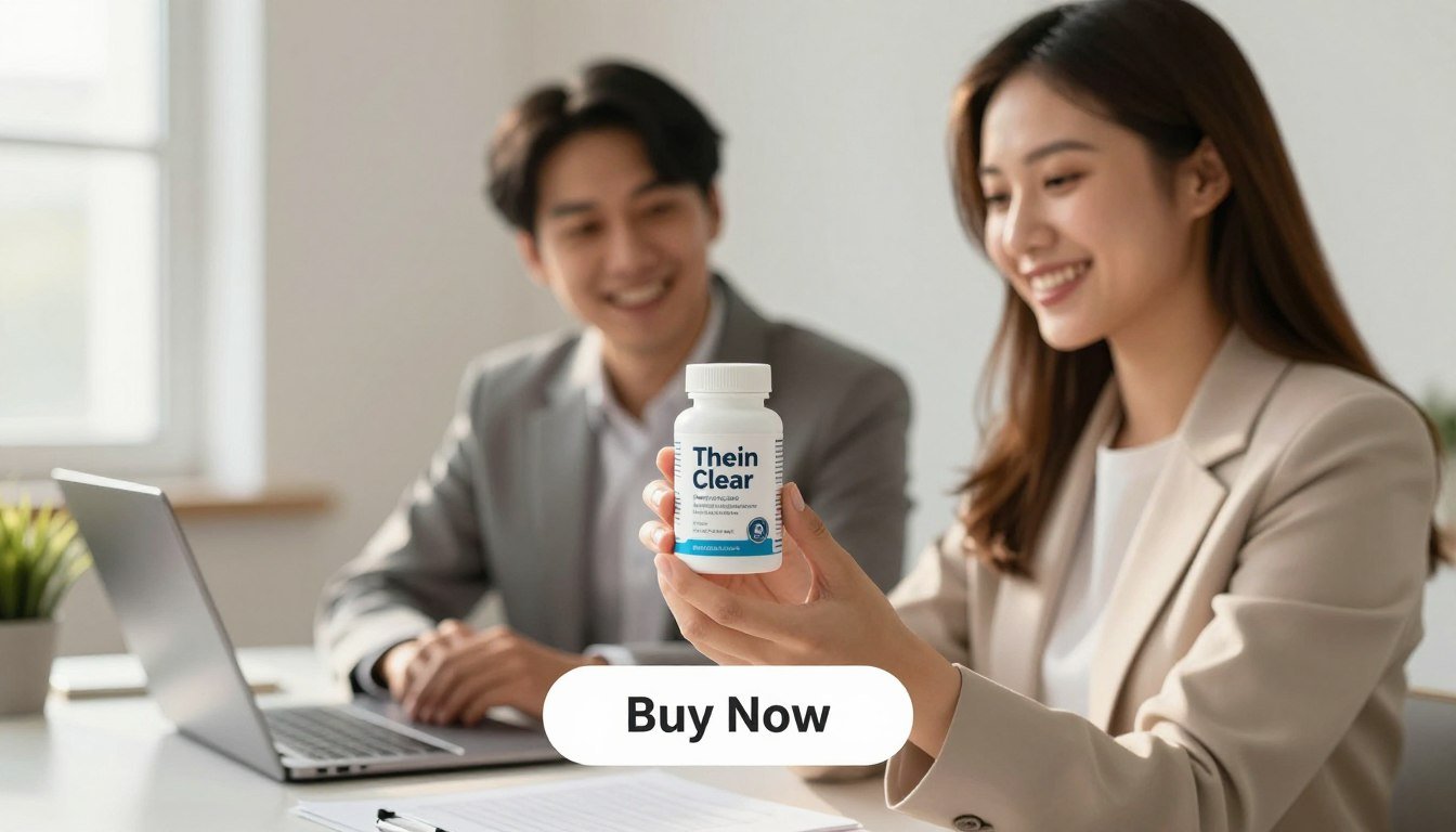 A professional-looking image depicting a man and a woman in business attire, both smiling and holding the Theta Clear supplement bottle, showcasing its visually appealing packaging. The man has short black hair, and the woman has long brown hair, both exuding a sense of focus and clarity. In the foreground, the product is prominently displayed, surrounded by a clean, minimalist workspace with a soft-focus effect. The background features a well-organized desk with a laptop and a plant, enhancing the atmosphere of productivity and mental clarity. The lighting is warm and inviting, with natural light streaming in from a window, creating a bright and inspiring environment. Below the image, a sleek "Buy Now" button is subtly integrated. Include the brand name "Brain Health" visible on the supplement bottle. A professional-looking image depicting a man and a woman in business attire, both smiling and holding the Theta Clear supplement bottle, showcasing its visually appealing packaging. The man has short black hair, and the woman has long brown hair, both exuding a sense of focus and clarity. In the foreground, the product is prominently displayed, surrounded by a clean, minimalist workspace with a soft-focus effect. The background features a well-organized desk with a laptop and a plant, enhancing the atmosphere of productivity and mental clarity. The lighting is warm and inviting, with natural light streaming in from a window, creating a bright and inspiring environment. Below the image, a sleek "Buy Now" button is subtly integrated. Include the brand name "Brain Health" visible on the supplement bottle.