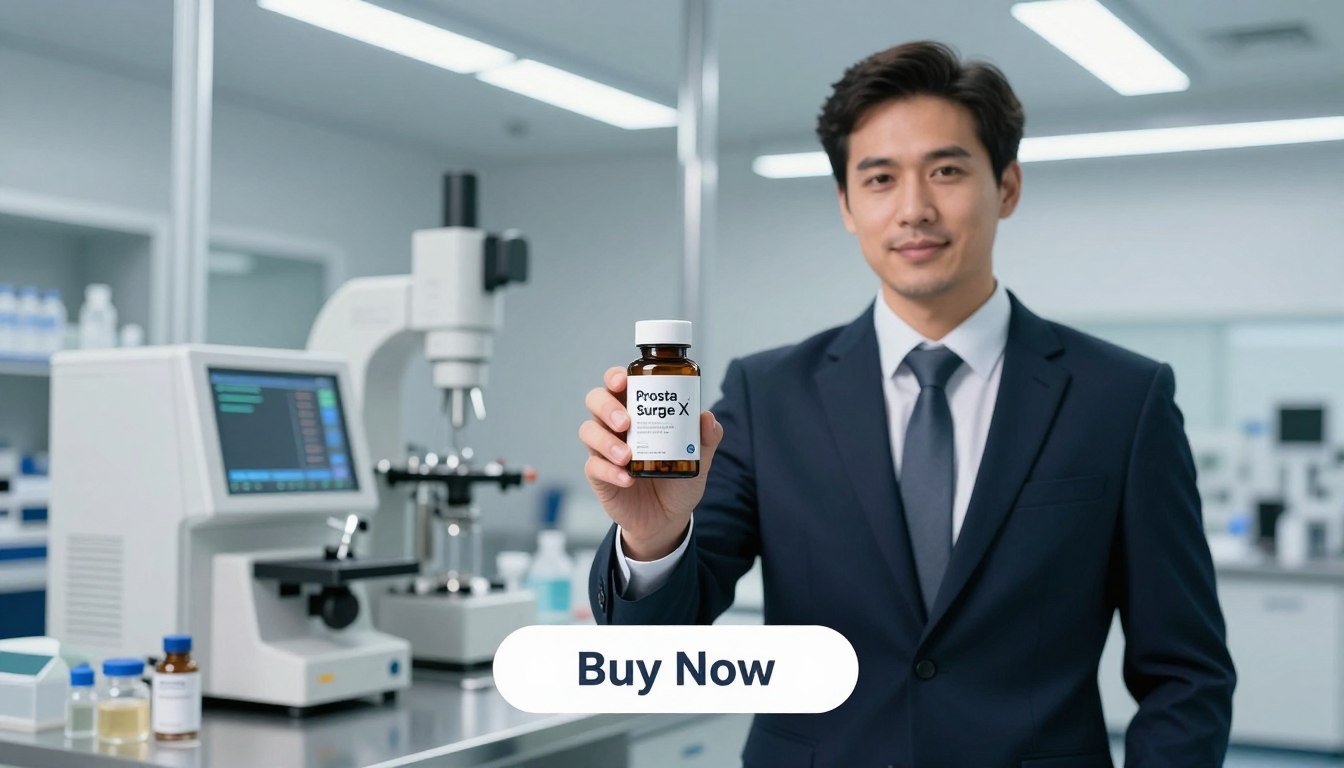 A professional-looking man in business attire stands confidently in the foreground, holding a sleek bottle labeled "Prosta Surge X" prominently in his hand. The setting is a pristine laboratory or manufacturing facility, showcasing advanced equipment and technology in the middle ground, emphasizing stringent manufacturing standards for herbal supplements. The background features bright LED lights reflecting off stainless steel surfaces, creating a clean and modern atmosphere. A softly blurred "Buy Now" button is positioned at the bottom of the image, drawing focus to the product without distracting from the professionalism of the scene. The overall mood is one of trust, efficacy, and health, aligned with the brand name "Health & Wellness" subtly integrated into the design. A professional-looking man in business attire stands confidently in the foreground, holding a sleek bottle labeled "Prosta Surge X" prominently in his hand. The setting is a pristine laboratory or manufacturing facility, showcasing advanced equipment and technology in the middle ground, emphasizing stringent manufacturing standards for herbal supplements. The background features bright LED lights reflecting off stainless steel surfaces, creating a clean and modern atmosphere. A softly blurred "Buy Now" button is positioned at the bottom of the image, drawing focus to the product without distracting from the professionalism of the scene. The overall mood is one of trust, efficacy, and health, aligned with the brand name "Health & Wellness" subtly integrated into the design.