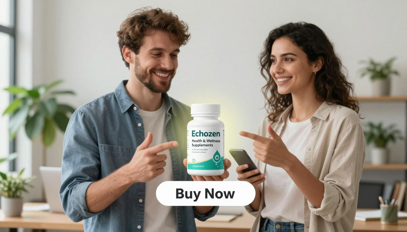 A professional man and woman standing together, both dressed in smart casual attire, showcase the "Echozen" product in a modern, health-conscious environment. In the foreground, the man holds the product confidently, while the woman gestures toward it with a warm smile, embodying a supportive atmosphere. The middle ground features the product prominently with a subtle glow, emphasizing its importance in hearing wellness. In the background, a serene office space with plants and soft lighting creates an inviting mood, suggesting wellness and tranquility. A "Buy Now" button is positioned below the product, with the brand name "Health & Wellness Supplements" clearly displayed. The overall image radiates a feeling of positivity and empowerment related to hearing health.