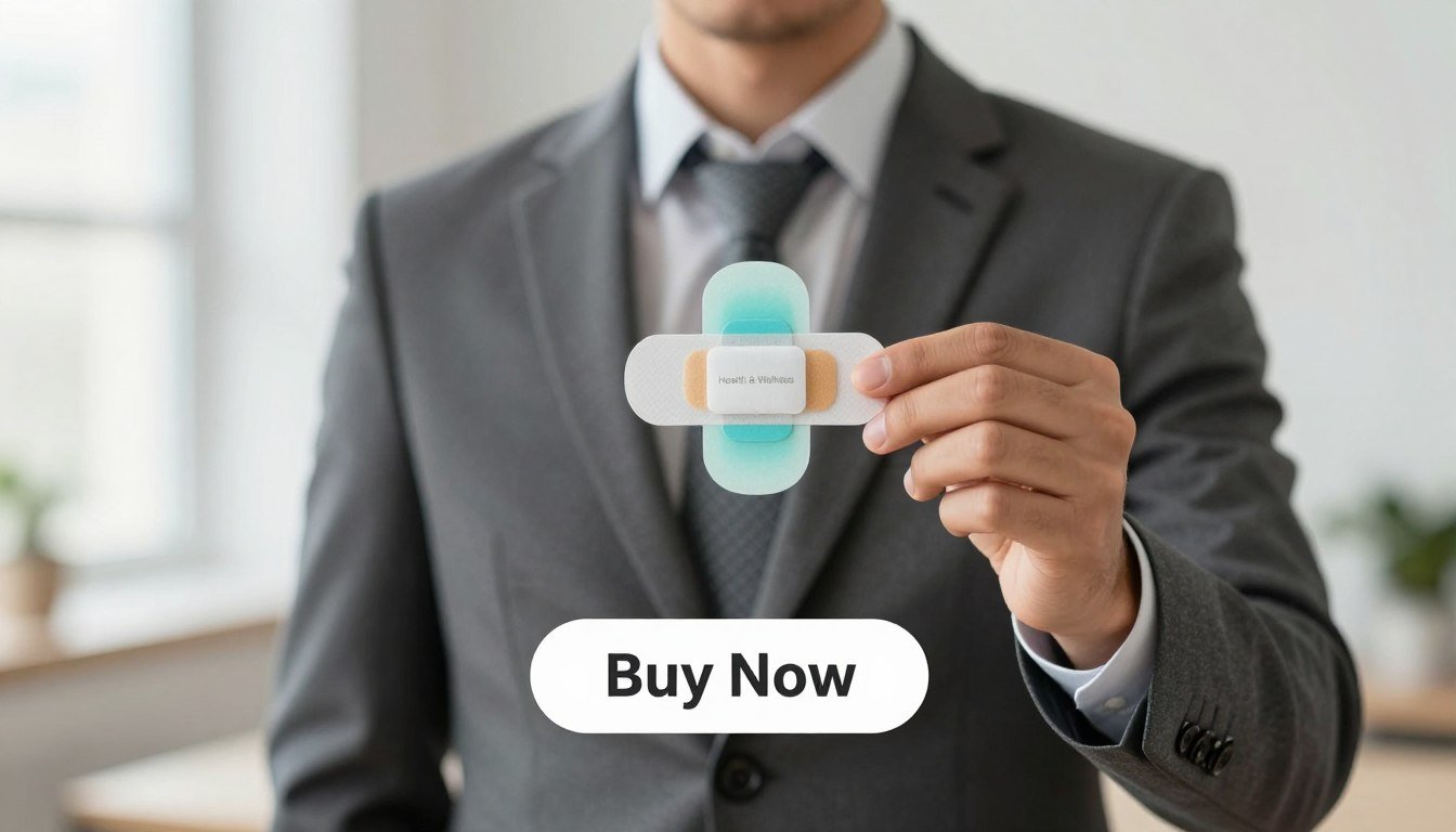 A professional man dressed in a smart, modest business suit stands confidently, holding a sleek transdermal berberine health patch prominently in his hand. The patch is beautifully designed, showcasing a clean, modern aesthetic with soft colors and subtle branding that reads "Health & Wellness." In the background, a clean and bright office setting creates a feeling of professionalism and wellness, with soft natural light filtering through a window, giving a warm ambiance. Below the man, a prominent "Buy Now" button is displayed, inviting engagement. The overall mood is one of trust and health, emphasizing the product's role in daily wellness and metabolism support. The camera angle is slightly above eye level, enhancing the focus on the patch and the subject's engagement with it. A professional man dressed in a smart, modest business suit stands confidently, holding a sleek transdermal berberine health patch prominently in his hand. The patch is beautifully designed, showcasing a clean, modern aesthetic with soft colors and subtle branding that reads "Health & Wellness." In the background, a clean and bright office setting creates a feeling of professionalism and wellness, with soft natural light filtering through a window, giving a warm ambiance. Below the man, a prominent "Buy Now" button is displayed, inviting engagement. The overall mood is one of trust and health, emphasizing the product's role in daily wellness and metabolism support. The camera angle is slightly above eye level, enhancing the focus on the patch and the subject's engagement with it.