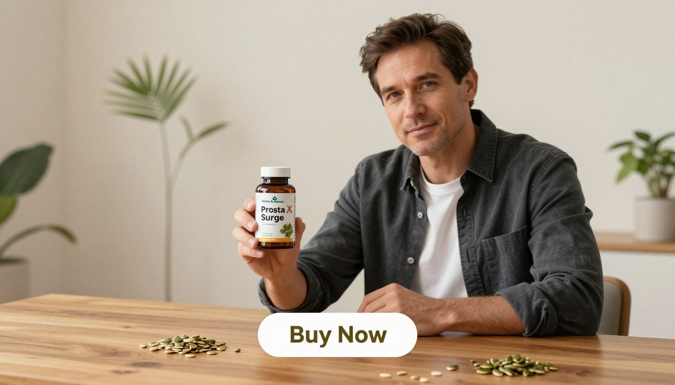 A professional man in his 40s, dressed in a smart casual outfit, is holding a bottle of "Prosta Surge X" in the forefront, showcasing the label clearly. The scene is set on a clean, polished wooden table, indicating a natural and wholesome environment. In the background, subtle imagery of prostate-supporting herbs such as saw palmetto and pumpkin seeds is artistically arranged. Soft, warm lighting enhances the feeling of wellness and tranquility, creating a soothing atmosphere. The angle of the image captures the man’s confident expression as he looks towards the viewer, suggesting trust and reliability. Below the product, a simple, elegant "Buy Now" button beckons, emphasizing a call to action. The brand name "Health & Wellness" is subtly integrated into the design. A professional man in his 40s, dressed in a smart casual outfit, is holding a bottle of "Prosta Surge X" in the forefront, showcasing the label clearly. The scene is set on a clean, polished wooden table, indicating a natural and wholesome environment. In the background, subtle imagery of prostate-supporting herbs such as saw palmetto and pumpkin seeds is artistically arranged. Soft, warm lighting enhances the feeling of wellness and tranquility, creating a soothing atmosphere. The angle of the image captures the man’s confident expression as he looks towards the viewer, suggesting trust and reliability. Below the product, a simple, elegant "Buy Now" button beckons, emphasizing a call to action. The brand name "Health & Wellness" is subtly integrated into the design.