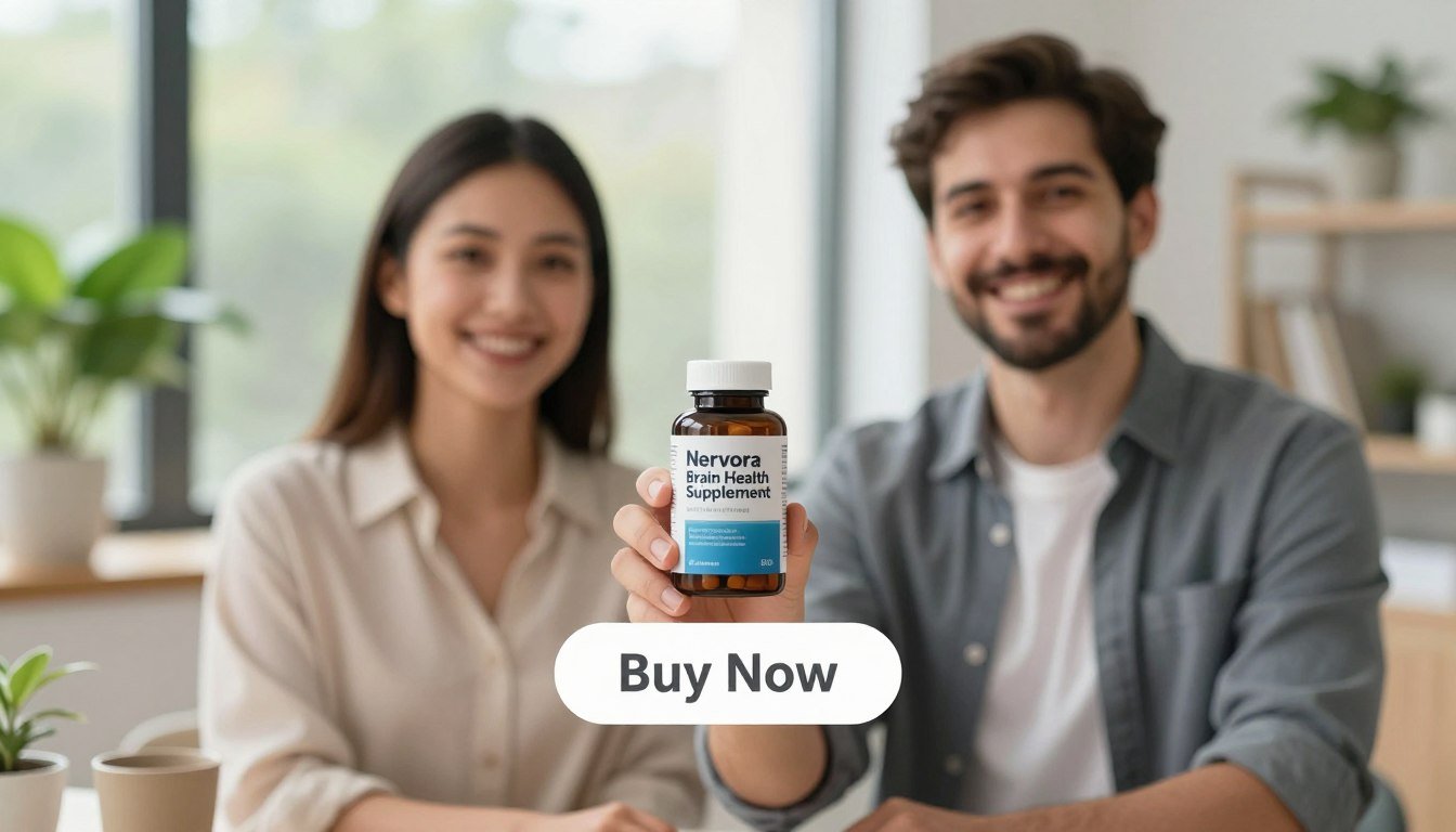 A professional product image showcasing the "Nervora Brain Health Supplement" by "Health & Wellness." In the foreground, a man and a woman are holding the supplement bottle confidently, both dressed in smart casual attire, symbolizing health and vitality. The woman has shoulder-length hair and a friendly smile, while the man sports a neat beard and an approachable demeanor. In the middle ground, a soft-focus Buy Now button is subtly integrated beneath them, enhancing the call to action. The background features a serene workspace with plants and natural light filtering through a window, creating a fresh and inviting atmosphere. The overall mood conveys trust, health, and well-being, suitable for a professional article on brain health supplements.