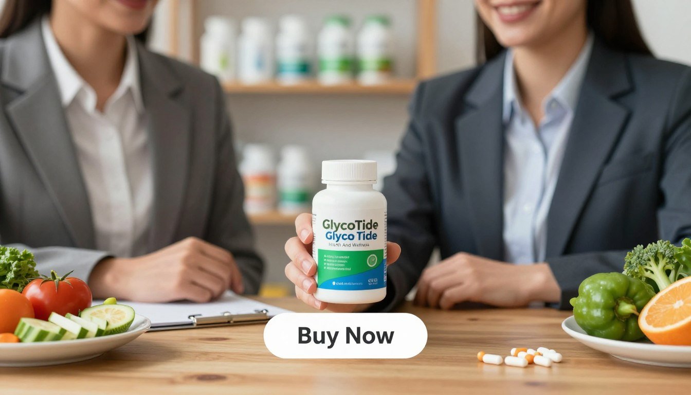 A professional setting featuring a man and woman in business attire, both holding a bottle of "GlycoTide" with vibrant green and blue labels, prominently displaying the brand "Health And Wellness". The foreground showcases the product clearly, while the middle ground includes a stylish wooden table with health-related items such as fresh vegetables and supplements. The background features soft-focused shelves lined with natural health products. The lighting is bright and inviting, creating a sense of trust and reliability, with a warm atmosphere. Place a "Buy Now" button subtly below the product to encourage action. The overall composition should convey a sense of empowerment and support for blood sugar health.