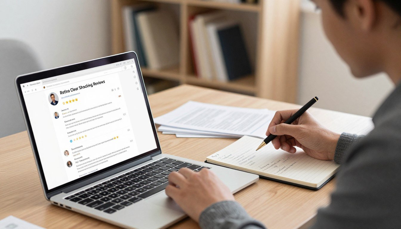 A professional, well-lit office environment featuring a focused individual in business attire analyzing user reviews and testimonials regarding "Retina Clear Shocking Reviews". In the foreground, a laptop displays an open webpage filled with user feedback, showcasing ratings and comment sections. The middle ground illustrates scattered papers and a notepad filled with handwritten notes, emphasizing thorough analysis. In the background, a soft-focus bookshelf filled with books on health and wellness adds depth to the scene. The lighting is warm and inviting, suggesting a diligent and engaged atmosphere. The overall mood conveys professionalism and dedication to understanding customer experiences with this eye formula product, creating a sense of trust and reliability.