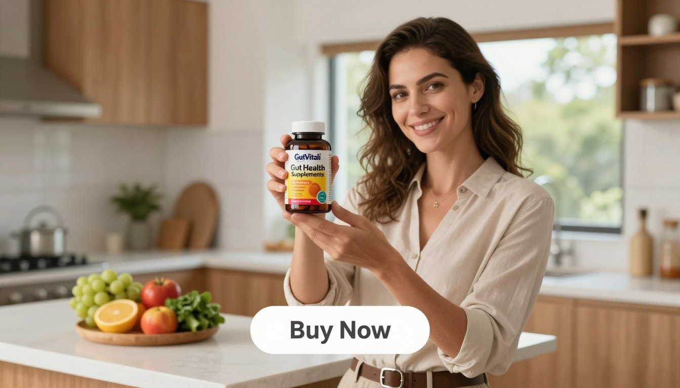 A professional woman in a bright, modern kitchen holds a bottle of "GutVitali" gut health supplement, showcasing its sleek packaging with a vibrant label featuring the brand name "Gut Health Supplements." The woman has a friendly smile, dressed in smart casual attire, exuding confidence and health. The foreground highlights her as she gently tilts the bottle towards the viewer, while the middle features a clean countertop with fresh fruits and vegetables, symbolizing wellness. In the background, natural light floods the room, accentuating earthy tones and greenery through a window, creating a warm and inviting atmosphere. A subtle, elegant "Buy Now" button appears below the scene, enhancing the product focus. The overall tone is uplifting and health-focused, designed to inspire viewers about revitalizing their gut health. A professional woman in a bright, modern kitchen holds a bottle of "GutVitali" gut health supplement, showcasing its sleek packaging with a vibrant label featuring the brand name "Gut Health Supplements." The woman has a friendly smile, dressed in smart casual attire, exuding confidence and health. The foreground highlights her as she gently tilts the bottle towards the viewer, while the middle features a clean countertop with fresh fruits and vegetables, symbolizing wellness. In the background, natural light floods the room, accentuating earthy tones and greenery through a window, creating a warm and inviting atmosphere. A subtle, elegant "Buy Now" button appears below the scene, enhancing the product focus. The overall tone is uplifting and health-focused, designed to inspire viewers about revitalizing their gut health.
