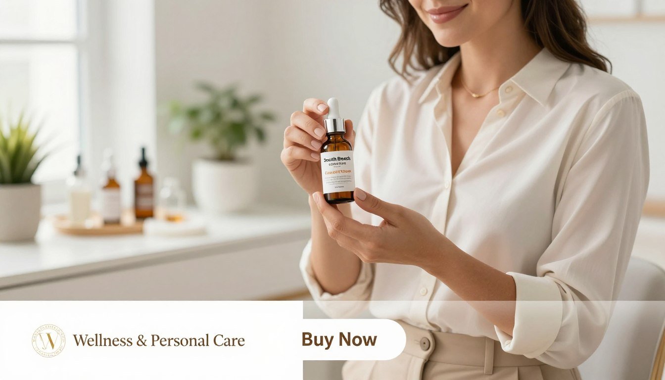 A professional woman in a bright, well-lit setting, gently holding the South Beach Collagen Filler Serum bottle in her hands, showcasing the product. She is wearing a smart, casual outfit — a light blouse and tailored pants. In the foreground, her expression reflects satisfaction and confidence, conveying positive clinical results. The middle background features a softly blurred vanity table with skincare products and a plant for an inviting atmosphere. The lighting is soft and natural, emanating a warm glow. In the bottom section of the image, a subtle "Buy Now" button is elegantly displayed alongside the brand name "Wellness & Personal Care" in a tasteful font. The overall mood is one of health, renewal, and professional efficacy. A professional woman in a bright, well-lit setting, gently holding the South Beach Collagen Filler Serum bottle in her hands, showcasing the product. She is wearing a smart, casual outfit — a light blouse and tailored pants. In the foreground, her expression reflects satisfaction and confidence, conveying positive clinical results. The middle background features a softly blurred vanity table with skincare products and a plant for an inviting atmosphere. The lighting is soft and natural, emanating a warm glow. In the bottom section of the image, a subtle "Buy Now" button is elegantly displayed alongside the brand name "Wellness & Personal Care" in a tasteful font. The overall mood is one of health, renewal, and professional efficacy.