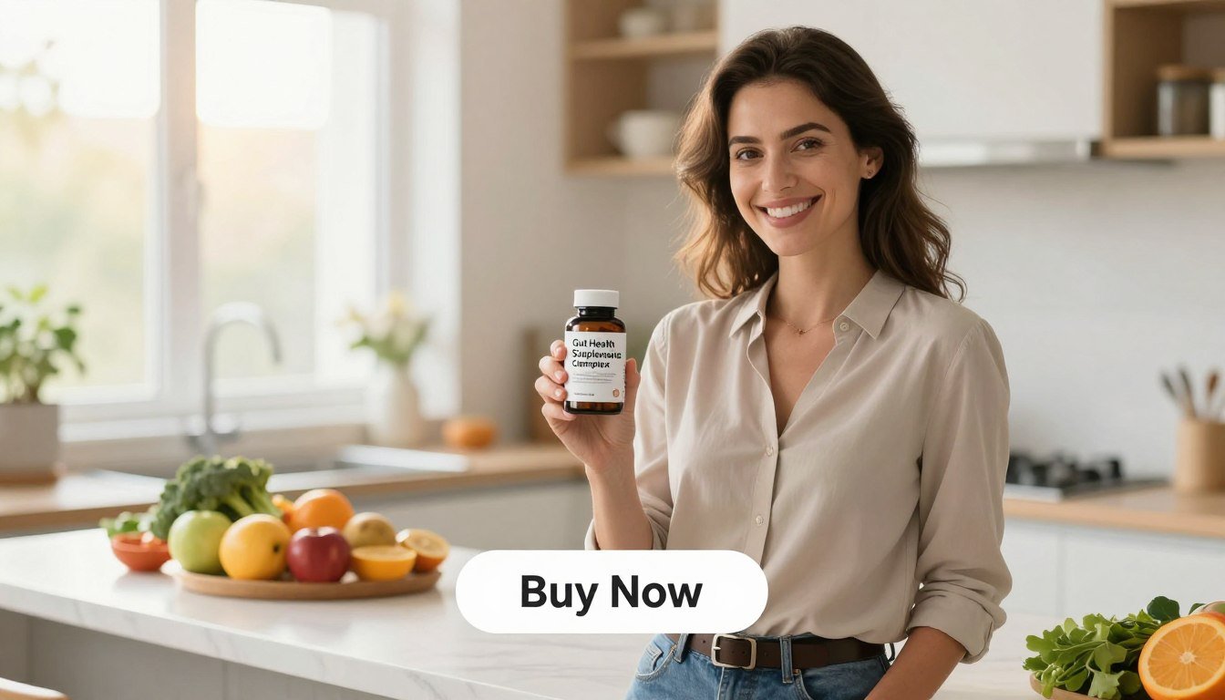 A professional woman in a modern, bright kitchen holds a bottle of "Gut Health Supplements" showcasing the Digestive Enzyme Complex. The foreground features the woman smiling confidently, dressed in smart casual attire that conveys professionalism. The middle ground includes a clean, well-organized kitchen counter with fresh fruits and vegetables, representing a healthy lifestyle. The background is softly blurred, depicting a sunlit window allowing warm, natural light to illuminate the scene, creating an inviting atmosphere. The overall mood is vibrant and optimistic, emphasizing wellness and digestive health. A sleek "Buy Now" button is subtly placed below the product, ensuring a cohesive design without distractions or text overlays. A professional woman in a modern, bright kitchen holds a bottle of "Gut Health Supplements" showcasing the Digestive Enzyme Complex. The foreground features the woman smiling confidently, dressed in smart casual attire that conveys professionalism. The middle ground includes a clean, well-organized kitchen counter with fresh fruits and vegetables, representing a healthy lifestyle. The background is softly blurred, depicting a sunlit window allowing warm, natural light to illuminate the scene, creating an inviting atmosphere. The overall mood is vibrant and optimistic, emphasizing wellness and digestive health. A sleek "Buy Now" button is subtly placed below the product, ensuring a cohesive design without distractions or text overlays.