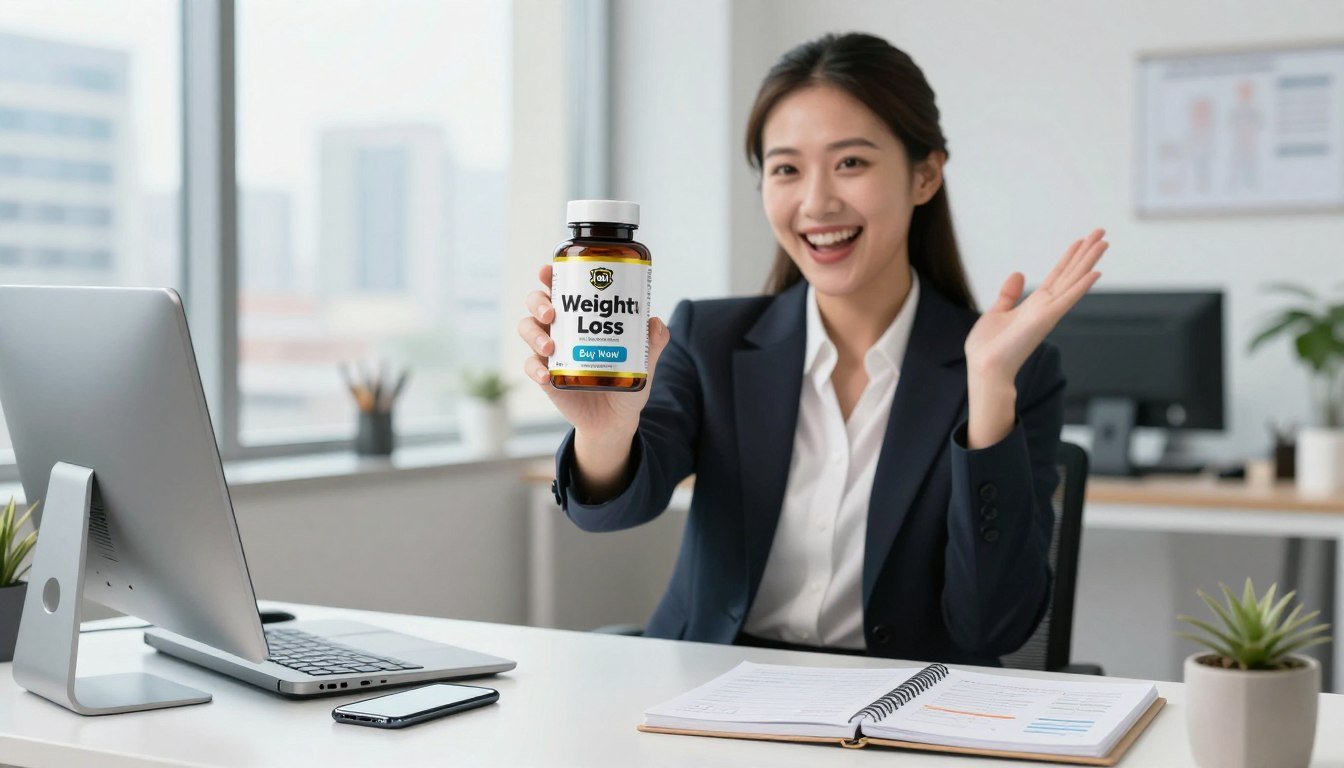 A professional woman in business attire stands confidently holding a bottle of QuickBurn BHB supplement in a well-lit, modern office setting. The image captures her enthusiastic expression, emphasizing the benefits of the product. In the foreground, the sleek bottle is prominently displayed, labeled "Weight Loss," alongside an attention-grabbing "Buy Now" button. The middle ground features a neatly arranged desk with fitness-related items like a smartphone displaying workout apps and a notebook with healthy meal plans. In the background, large windows let in natural light, showcasing a view of a bustling cityscape. The atmosphere conveys motivation and empowerment, with a clean, inspiring design that invites viewers to learn more. A professional woman in business attire stands confidently holding a bottle of QuickBurn BHB supplement in a well-lit, modern office setting. The image captures her enthusiastic expression, emphasizing the benefits of the product. In the foreground, the sleek bottle is prominently displayed, labeled "Weight Loss," alongside an attention-grabbing "Buy Now" button. The middle ground features a neatly arranged desk with fitness-related items like a smartphone displaying workout apps and a notebook with healthy meal plans. In the background, large windows let in natural light, showcasing a view of a bustling cityscape. The atmosphere conveys motivation and empowerment, with a clean, inspiring design that invites viewers to learn more.