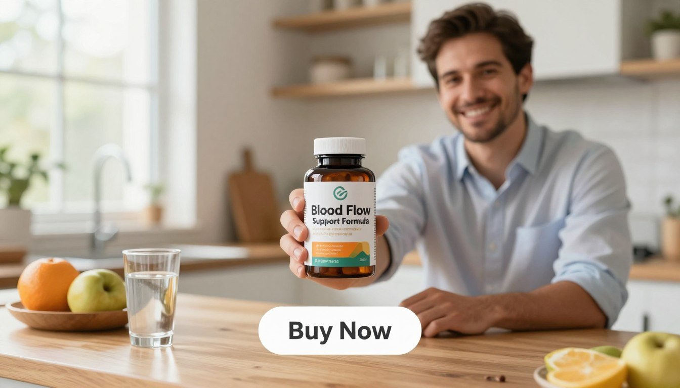 A professionally dressed man in a bright, well-lit kitchen holds a sleek bottle of "Blood Flow Support Formula," showcasing a modern label emphasizing vitality and health. In the foreground, the man smiles confidently, exuding an air of vitality and wellness. The middle ground features the product prominently displayed on a wooden kitchen counter, surrounded by some fresh fruits and a glass of water, highlighting a healthy lifestyle. The background includes soft, natural lighting filtering through a window, adding warmth to the scene. A subtle reminder of wellness, a "Buy Now" button is elegantly placed below the product, ensuring it fits seamlessly into the image. The atmosphere is uplifting and energizing, reflecting the essence of daily vitality support.