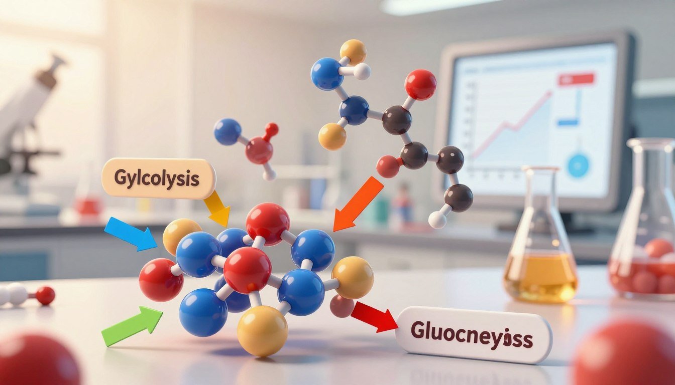 A scientifically detailed illustration of glucose metabolism, focusing on key biochemical processes. In the foreground, visualize a vibrant 3D representation of glucose molecules, surrounded by colorful arrows indicating pathways of glycolysis and gluconeogenesis. The middle ground should feature stylized enzymes and hormones, such as insulin and glucagon, delicately interacting with glucose molecules. In the background, create a softly blurred laboratory setting with beakers and graphs displaying glucose levels, bathed in warm, diffused lighting to create a professional atmosphere. Use a wide-angle lens effect to capture depth, emphasizing the complexity of natural blood sugar management. The overall mood should be insightful and educational, inviting viewers to explore the intricacies of glucose metabolism.