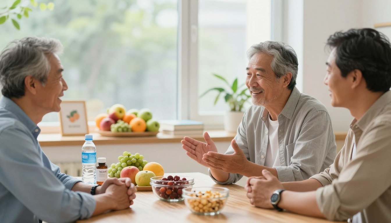 A serene and informative scene illustrating prostate and urinary wellness in men. In the foreground, a diverse group of three mature men, dressed in smart casual attire, is engaged in a friendly discussion around a table filled with healthy snacks and supplements, emphasizing communal support. In the middle ground, a soft-focus display of healthy lifestyle elements, such as fresh fruits, water bottles, and wellness books, is visible. The background features a bright and inviting room with large windows bathed in natural light, greenery peeking through, creating a sense of calm and tranquility. The overall mood is uplifting and encouraging, highlighting the importance of health awareness and support among men. Use a warm color palette with soft lighting to enhance the welcoming atmosphere.