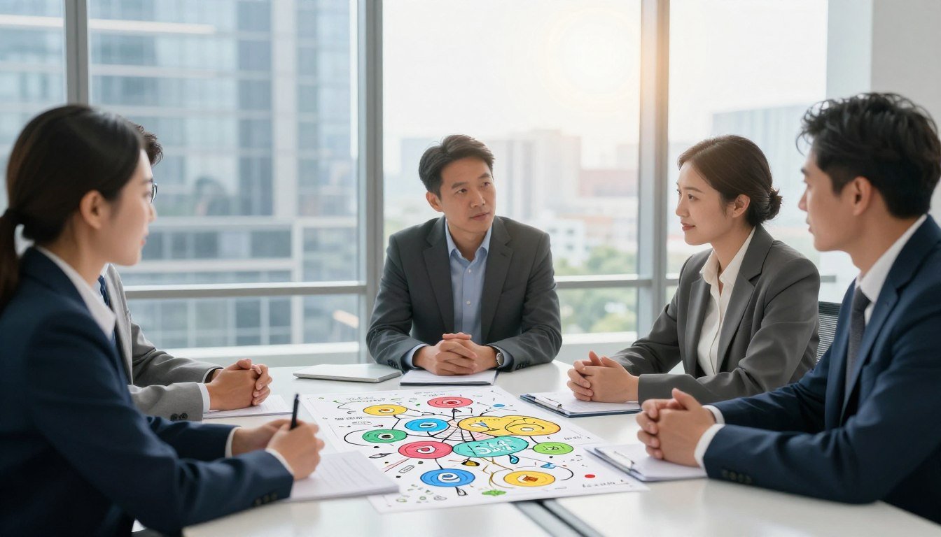 A serene and inspiring office environment as the foreground, featuring a diverse group of three professionals, all dressed in smart business attire, engaged in a collaborative discussion around a sleek, modern conference table. The middle layer showcases an array of colorful mind maps and diagrams spread out on the table, symbolizing cognitive enhancement and focus. In the background, a large window reveals a bright, sunlit cityscape, infusing the scene with natural light and a sense of openness. The atmosphere is motivational and energetic, with a hint of creativity and innovation, captured with a soft-focus lens to emphasize teamwork and professionalism. The overall mood conveys clarity, intelligence, and the transformative benefits of the Mind Vault brain supplement. A serene and inspiring office environment as the foreground, featuring a diverse group of three professionals, all dressed in smart business attire, engaged in a collaborative discussion around a sleek, modern conference table. The middle layer showcases an array of colorful mind maps and diagrams spread out on the table, symbolizing cognitive enhancement and focus. In the background, a large window reveals a bright, sunlit cityscape, infusing the scene with natural light and a sense of openness. The atmosphere is motivational and energetic, with a hint of creativity and innovation, captured with a soft-focus lens to emphasize teamwork and professionalism. The overall mood conveys clarity, intelligence, and the transformative benefits of the Mind Vault brain supplement.