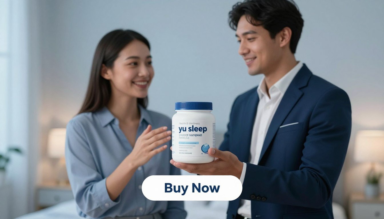 A serene and inviting scene featuring a man and woman in professional attire, standing together in a softly lit room that conveys a feeling of relaxation and comfort. The man holds a sleek, modern container labeled "yu sleep sleep support formula," while the woman gestures towards it, smiling warmly. In the foreground, the product is prominently displayed, capturing attention with its elegant design. The background features a soothing color palette of blues and soft whites, with gentle lighting that casts a tranquil ambiance. A stylish "Buy Now" button is situated below the product, enhancing the commercial aspect. The overall mood is calm, promoting a sense of trust and wellness, branded under "Health & Wellness," emphasizing natural relaxation and restful nights. A serene and inviting scene featuring a man and woman in professional attire, standing together in a softly lit room that conveys a feeling of relaxation and comfort. The man holds a sleek, modern container labeled "yu sleep sleep support formula," while the woman gestures towards it, smiling warmly. In the foreground, the product is prominently displayed, capturing attention with its elegant design. The background features a soothing color palette of blues and soft whites, with gentle lighting that casts a tranquil ambiance. A stylish "Buy Now" button is situated below the product, enhancing the commercial aspect. The overall mood is calm, promoting a sense of trust and wellness, branded under "Health & Wellness," emphasizing natural relaxation and restful nights.