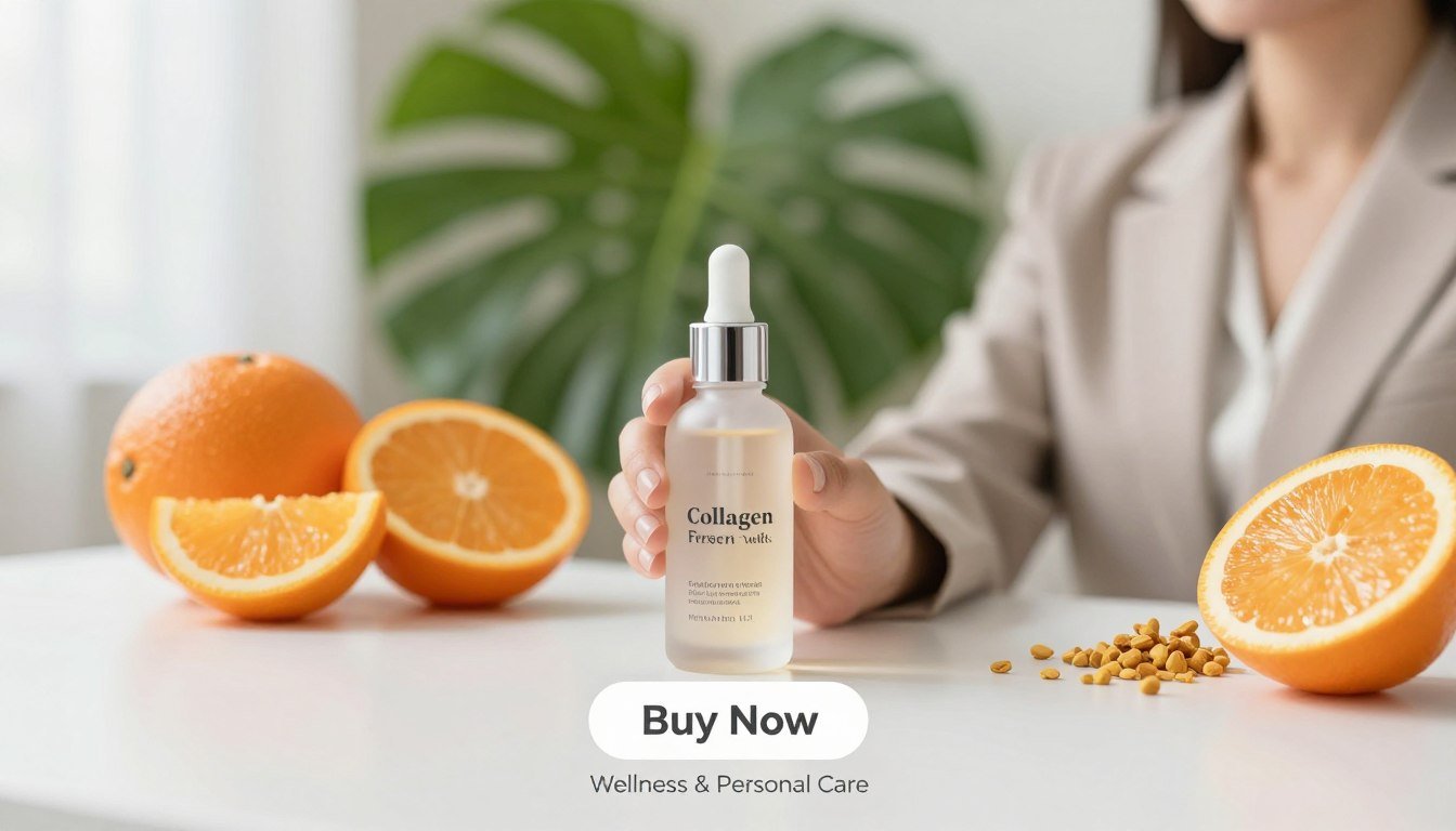 A serene and inviting setting displaying the key ingredients of South Beach Collagen Filler Serum. In the foreground, a woman in professional business attire holds a sleek, elegant bottle of serum, showcasing its modern design. The serum item provides a focal point, reflecting light delicately against a soft, pristine white backdrop. Surrounding her, fresh, vibrant ingredients like hyaluronic acid, collagen peptides, and vitamin C are artistically arranged, highlighting their natural textures and colors. The middle background features a blurred, lush green plant, evoking a sense of health and vitality. Soft, natural lighting illuminates the scene, enhancing the peaceful and rejuvenating atmosphere. Below the product, a 'Buy Now' button is tastefully placed, alongside the brand name "Wellness & Personal Care" subtly incorporated in the image design. A serene and inviting setting displaying the key ingredients of South Beach Collagen Filler Serum. In the foreground, a woman in professional business attire holds a sleek, elegant bottle of serum, showcasing its modern design. The serum item provides a focal point, reflecting light delicately against a soft, pristine white backdrop. Surrounding her, fresh, vibrant ingredients like hyaluronic acid, collagen peptides, and vitamin C are artistically arranged, highlighting their natural textures and colors. The middle background features a blurred, lush green plant, evoking a sense of health and vitality. Soft, natural lighting illuminates the scene, enhancing the peaceful and rejuvenating atmosphere. Below the product, a 'Buy Now' button is tastefully placed, alongside the brand name "Wellness & Personal Care" subtly incorporated in the image design.